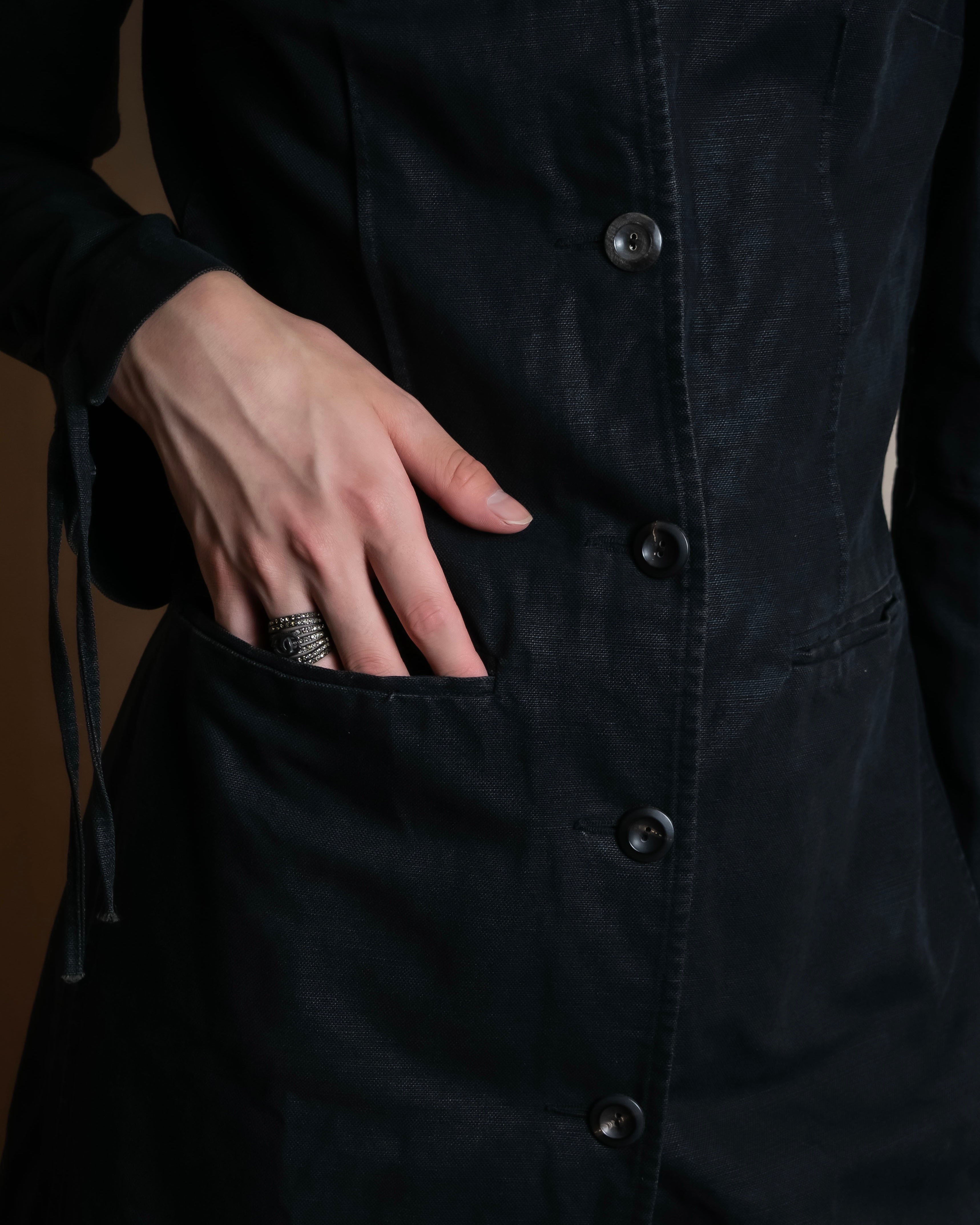 "vanessa bruno" Lace fringe design drawstring cotton linen shirt dress