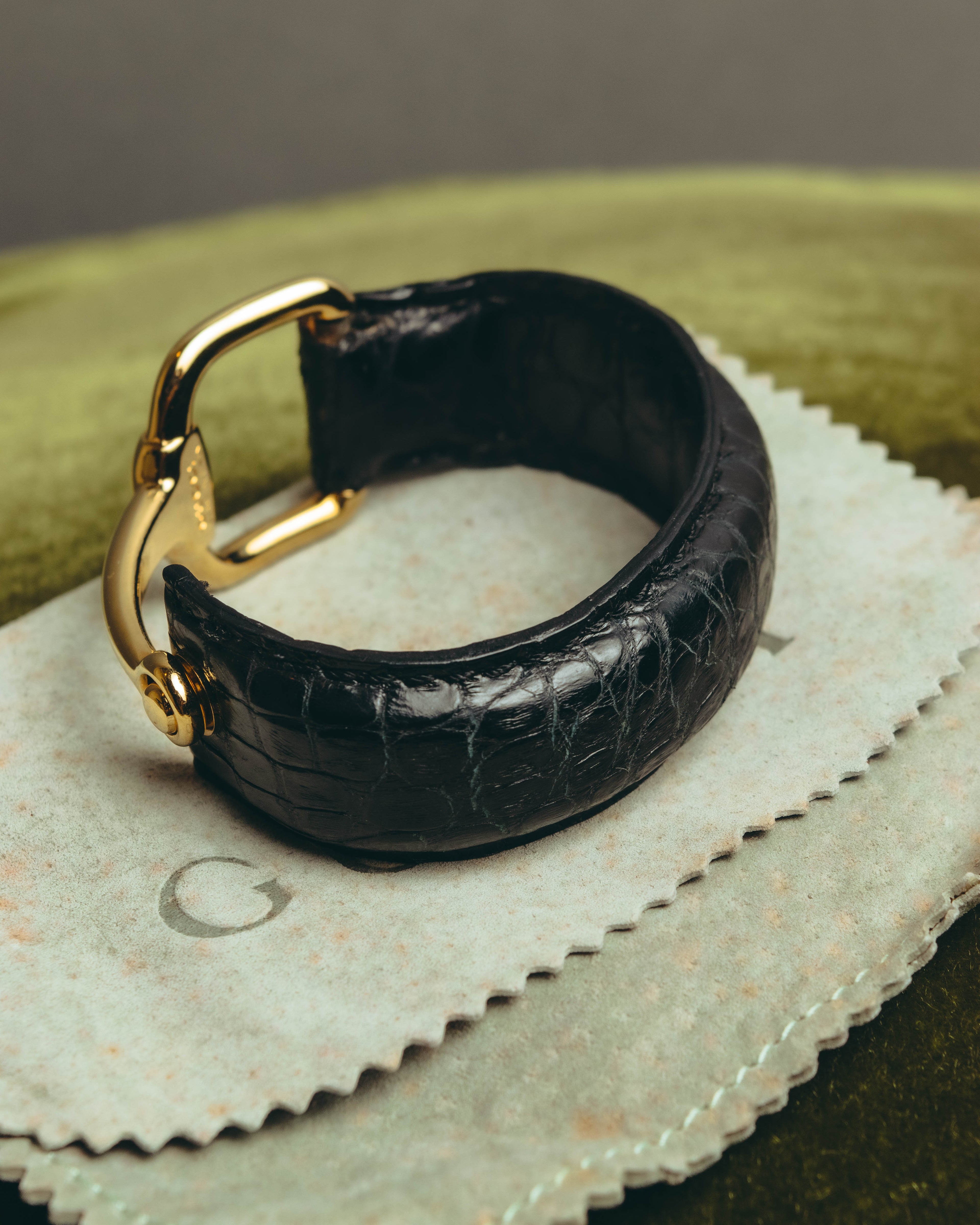 -SPECIAL- "GUCCI" 70's-80's Iconic horsebit crocodile leather cuff bangle