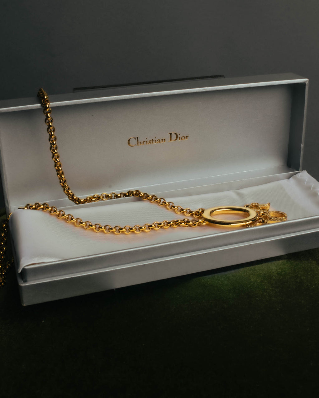 "Christian Dior" 90's-00's Gold tone logo charm pendant necklace