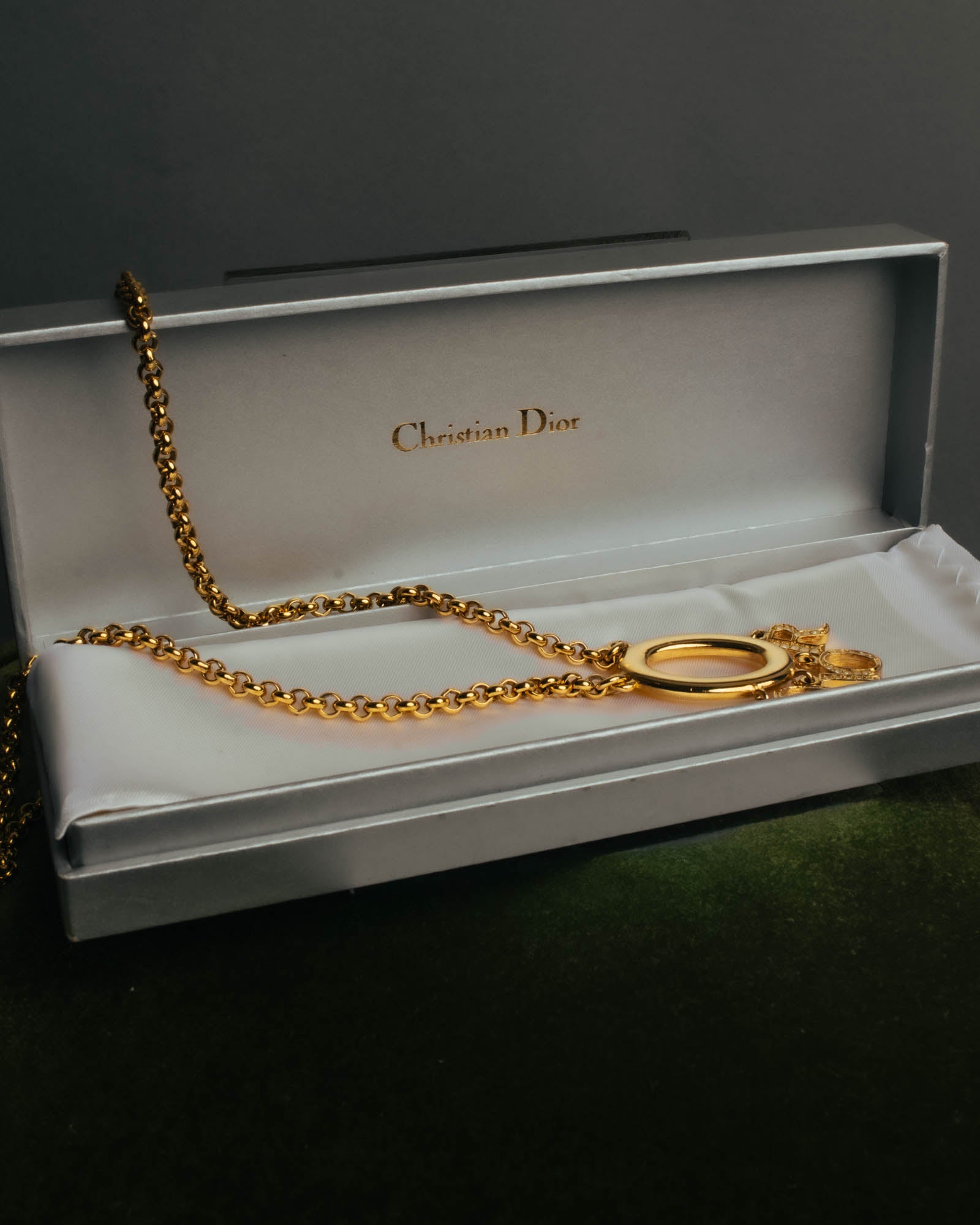 "Christian Dior" 90's-00's Gold tone logo charm pendant necklace