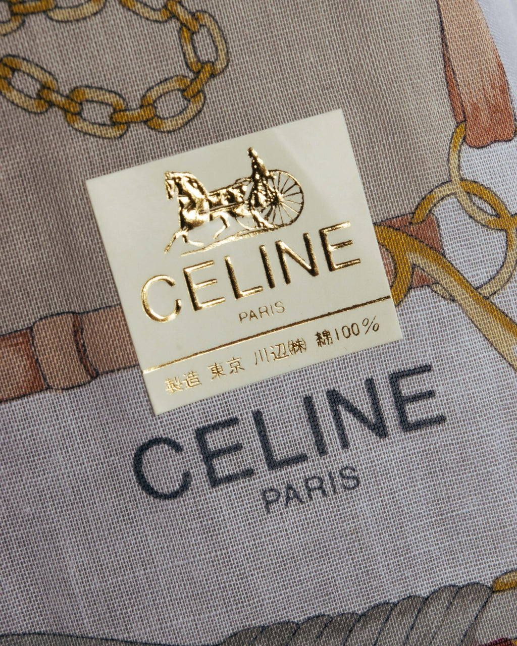"CELINE" 90's-00's Vintage equestrian harness motif cotton handkerchief scarf