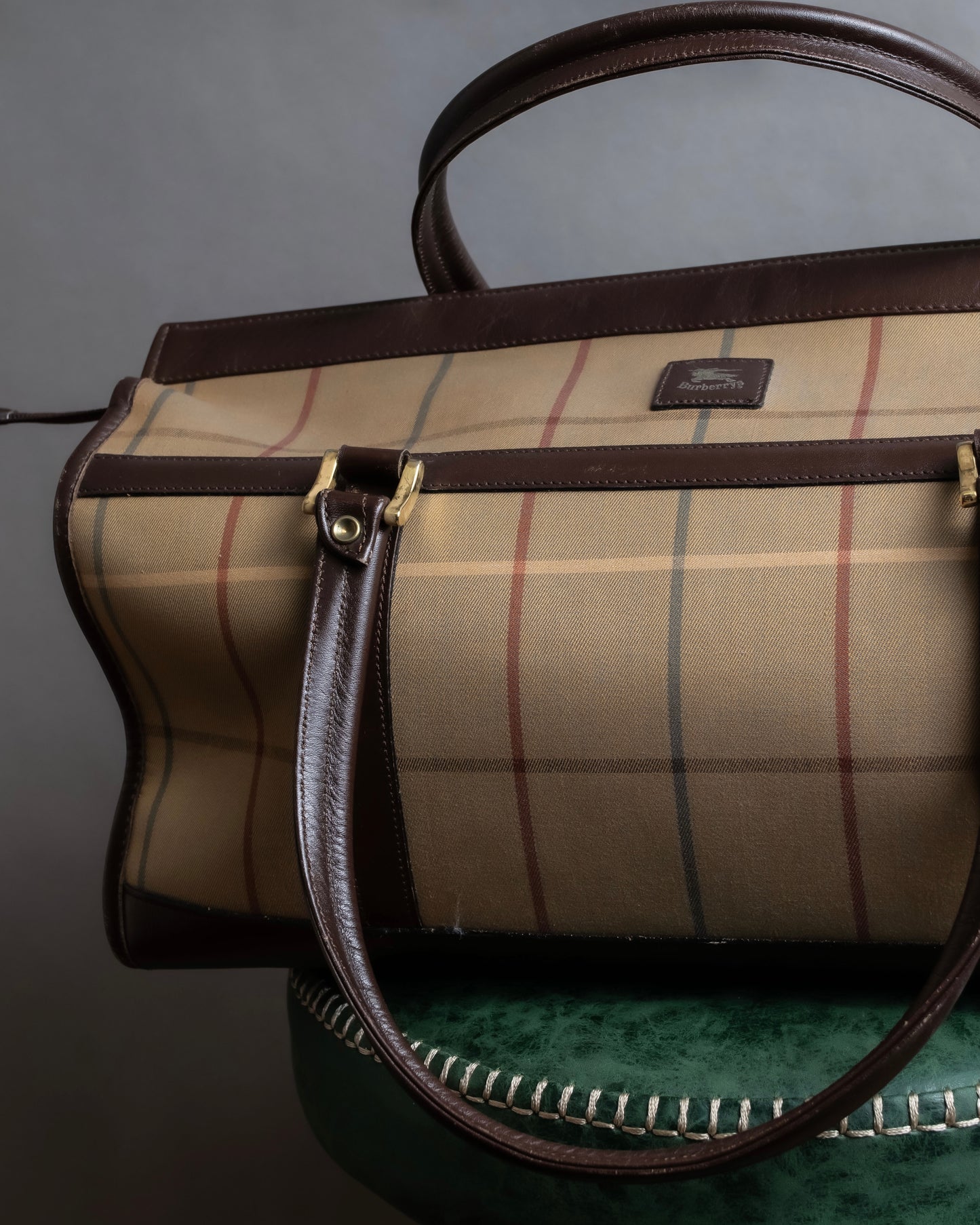 "BURBERRYS" Multi color check pattern canvas leather combination boston bag