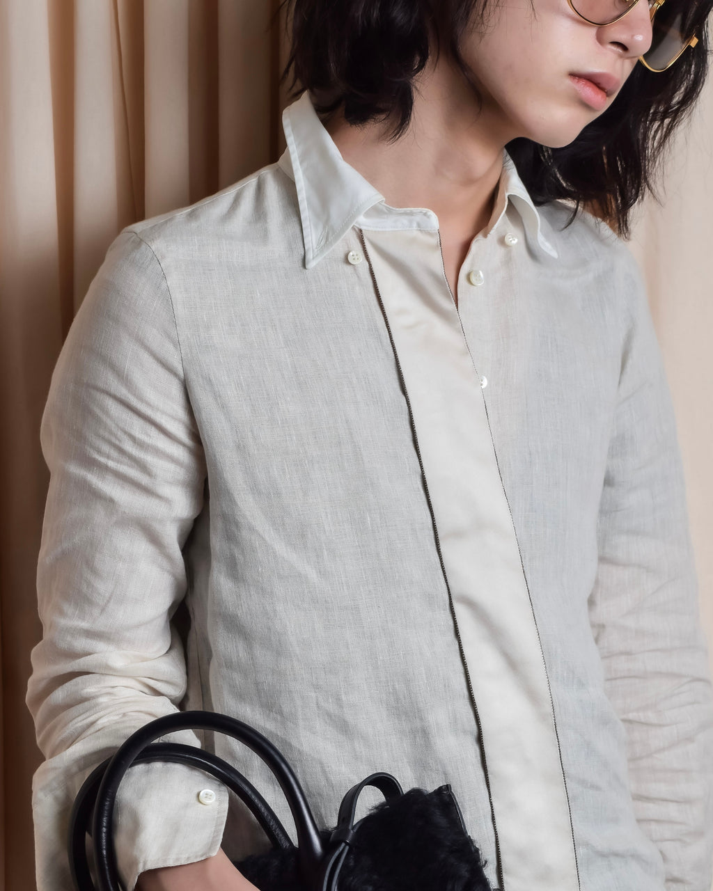 "BRUNELLO CUCINELLI" Contrast collar hidden placket linen shirt