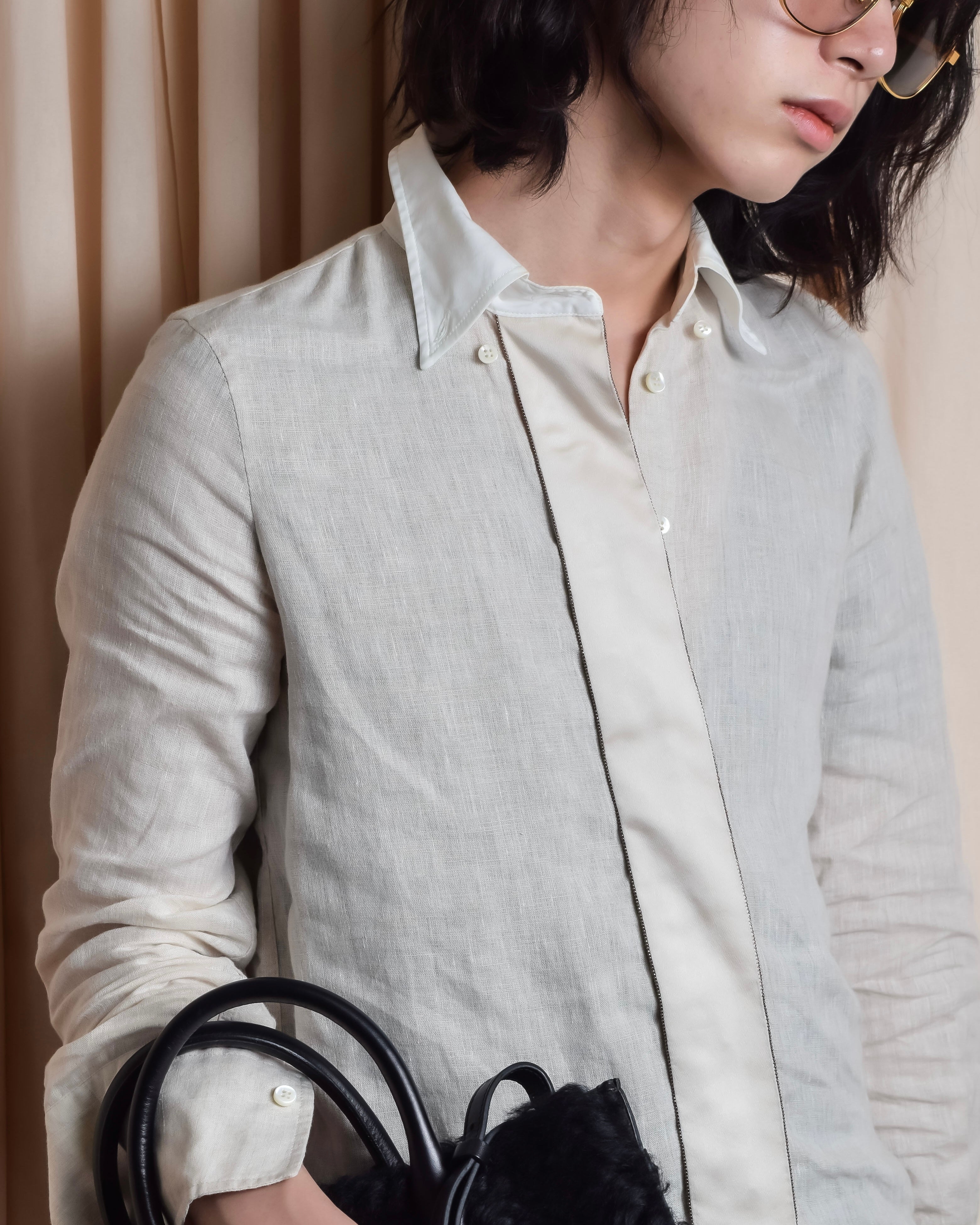 "BRUNELLO CUCINELLI" Contrast collar hidden placket linen shirt