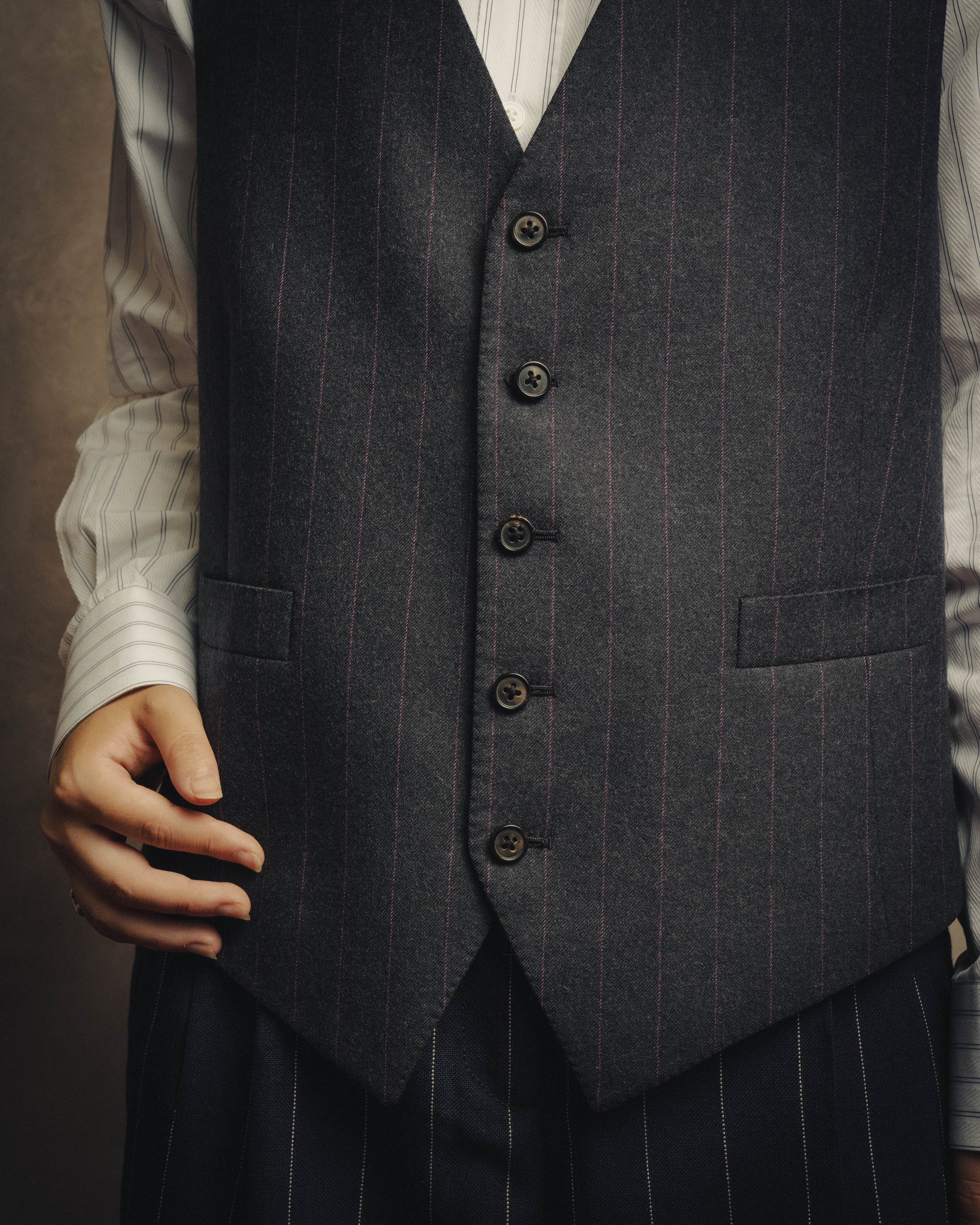 -SPECIAL- “HERMES” 2007-2009 Super 100s pinstripe tailored long gilet