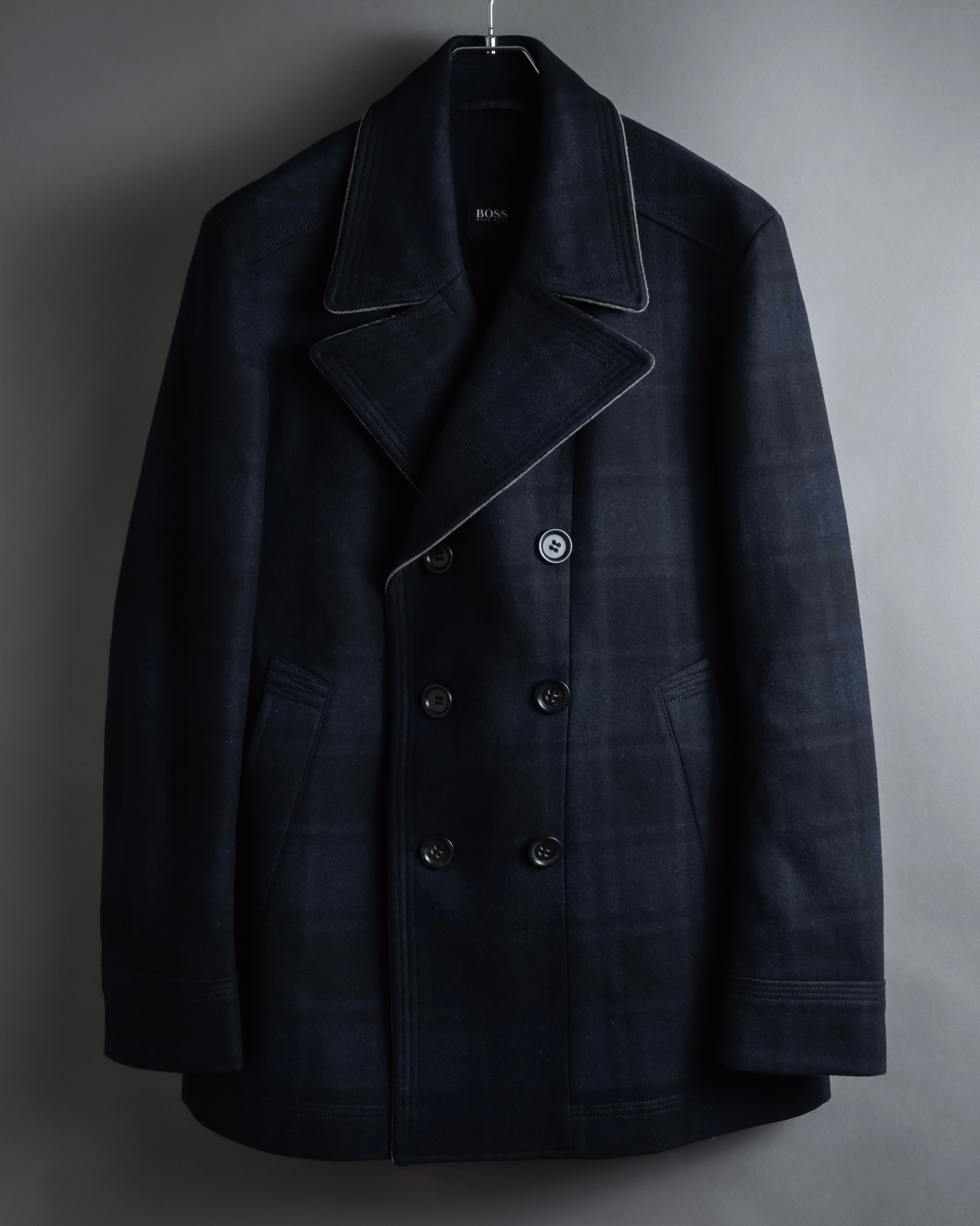 HUGO BOSS ネイビー ダブルブレストコート HUGO BOSS (ヒューゴボス) - ダブルブレスト プラッドコート
