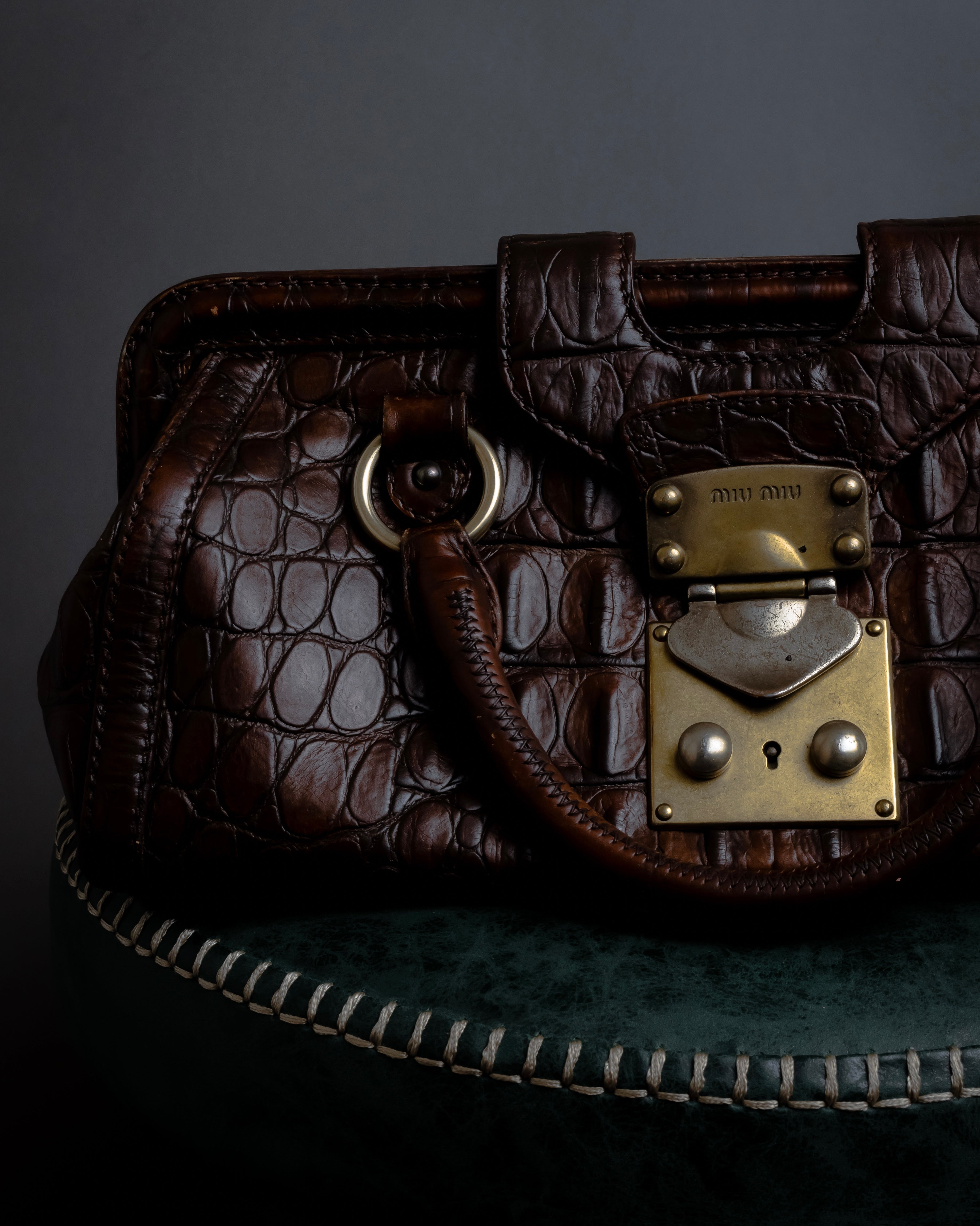 "MIU MIU" Antique design crocodile embossed leather 2way bag