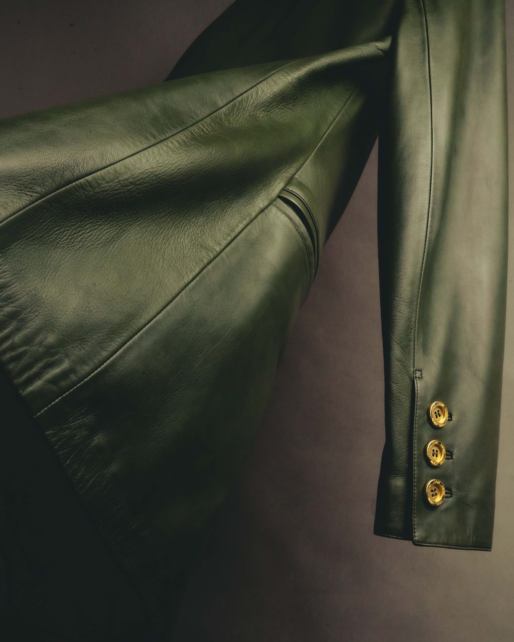 -SPECIAL- “LOEWE” 80’s-90’s Gold buttoned olive leather double-breasted tailored jacket