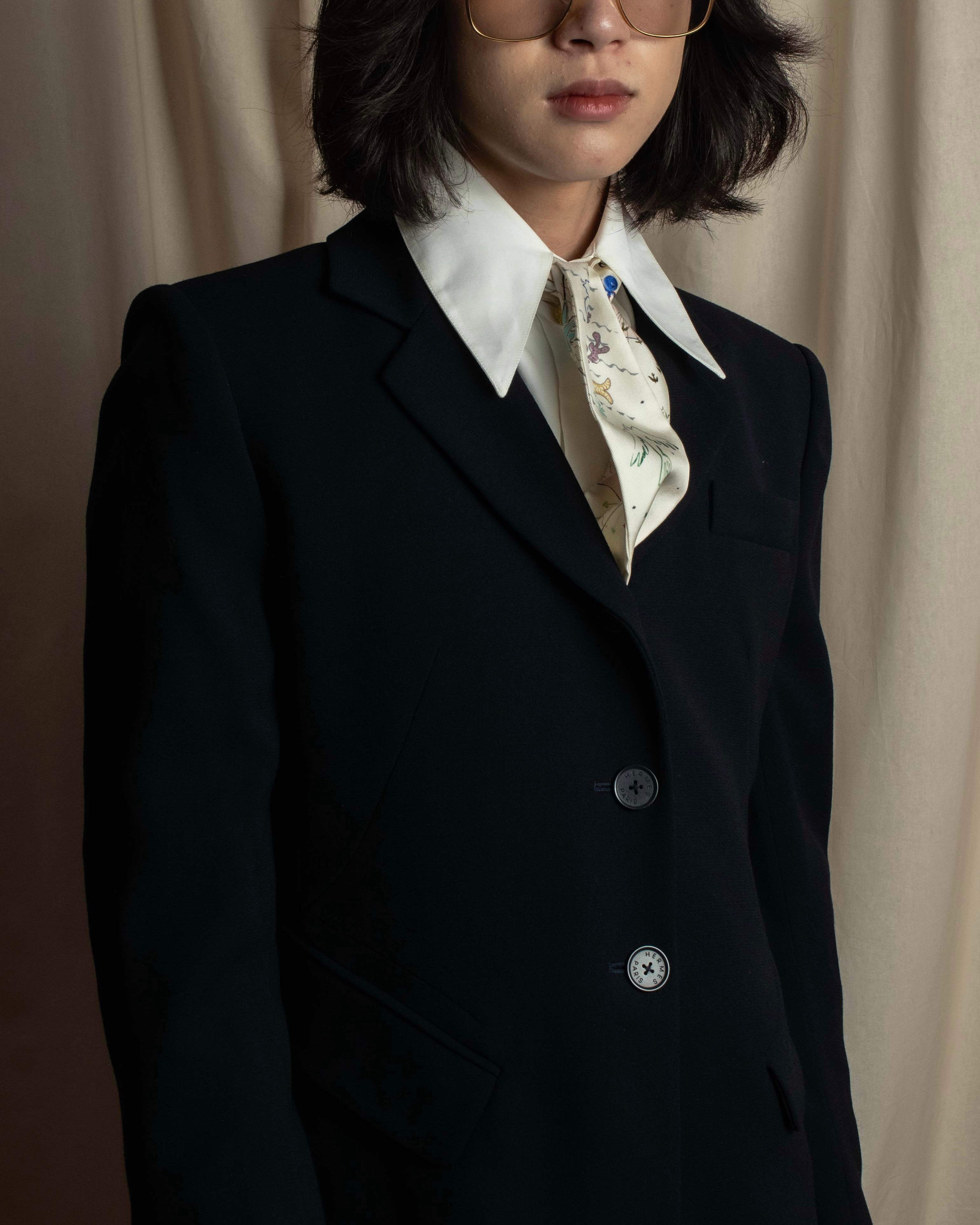 "HERMES" 90's classic detail dark blue tailored jacket