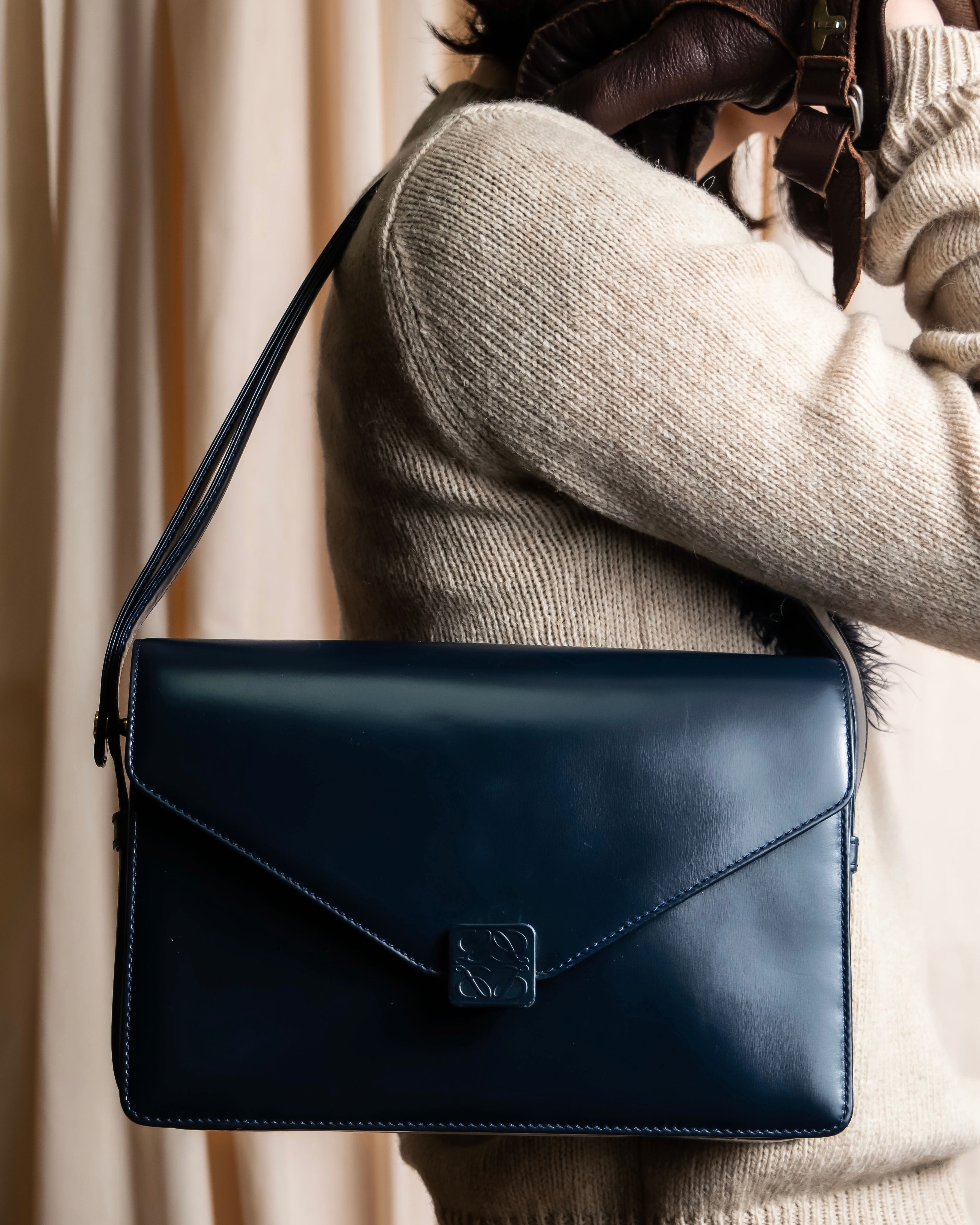"LOEWE" Anagram logo engraved bicolor leather square bag
