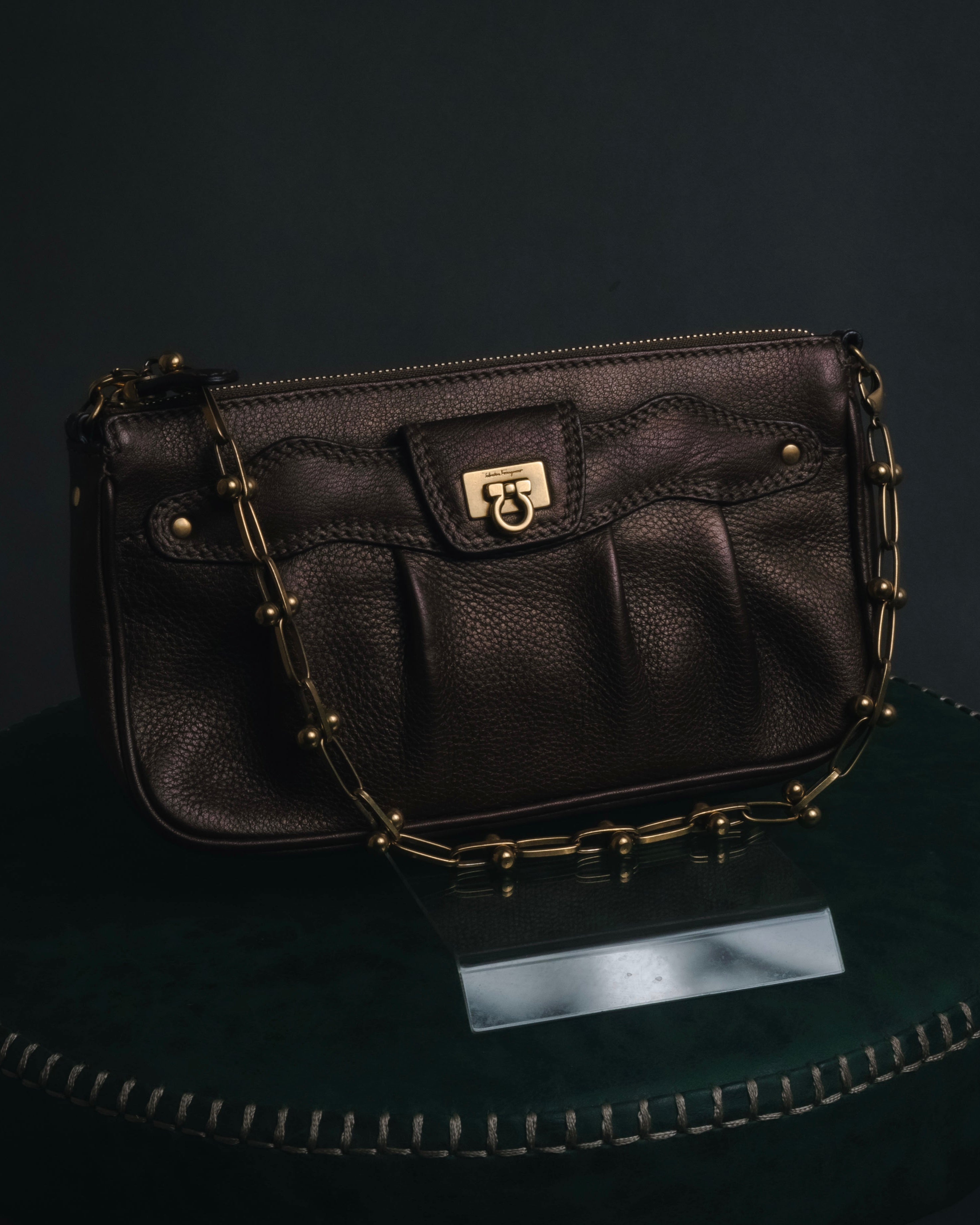 "Salvatore Ferragamo" 2000’s gathered metallic leather ball-link shoulder bag
