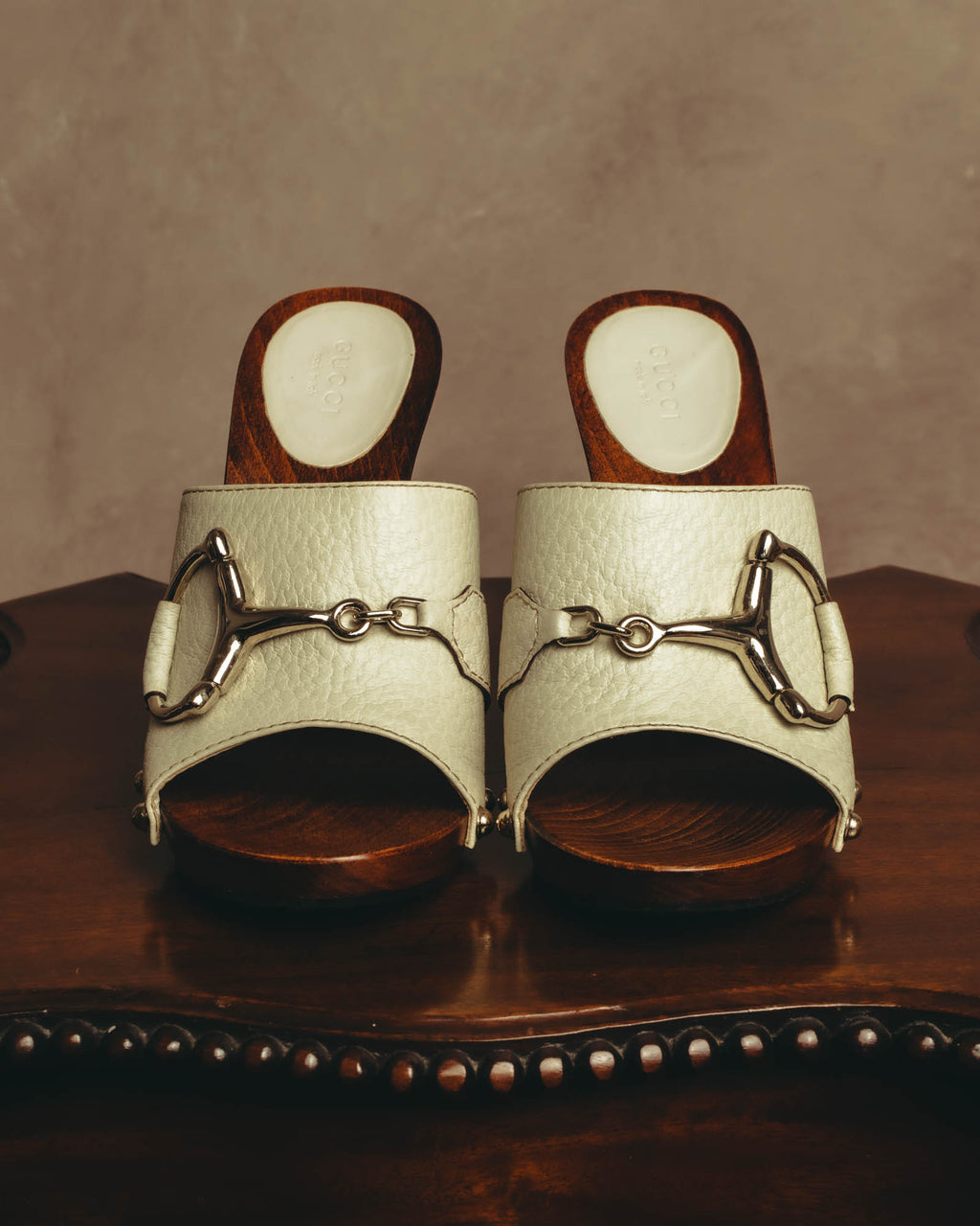 "GUCCI" 90's-00's Horsebit studded wood wedge mule sandals