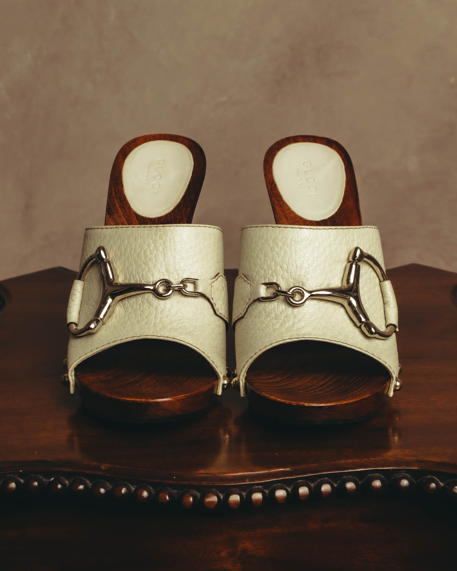 "GUCCI" 90's-00's Horsebit studded wood wedge mule sandals