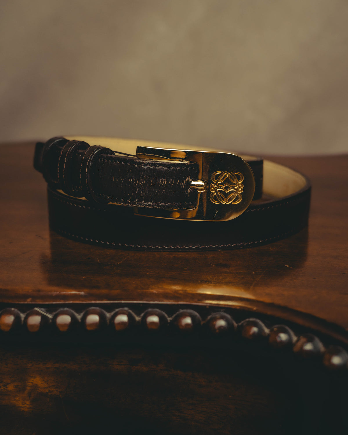“LOEWE” 90’s-00’s Anagram engraved gold buckle leather belt