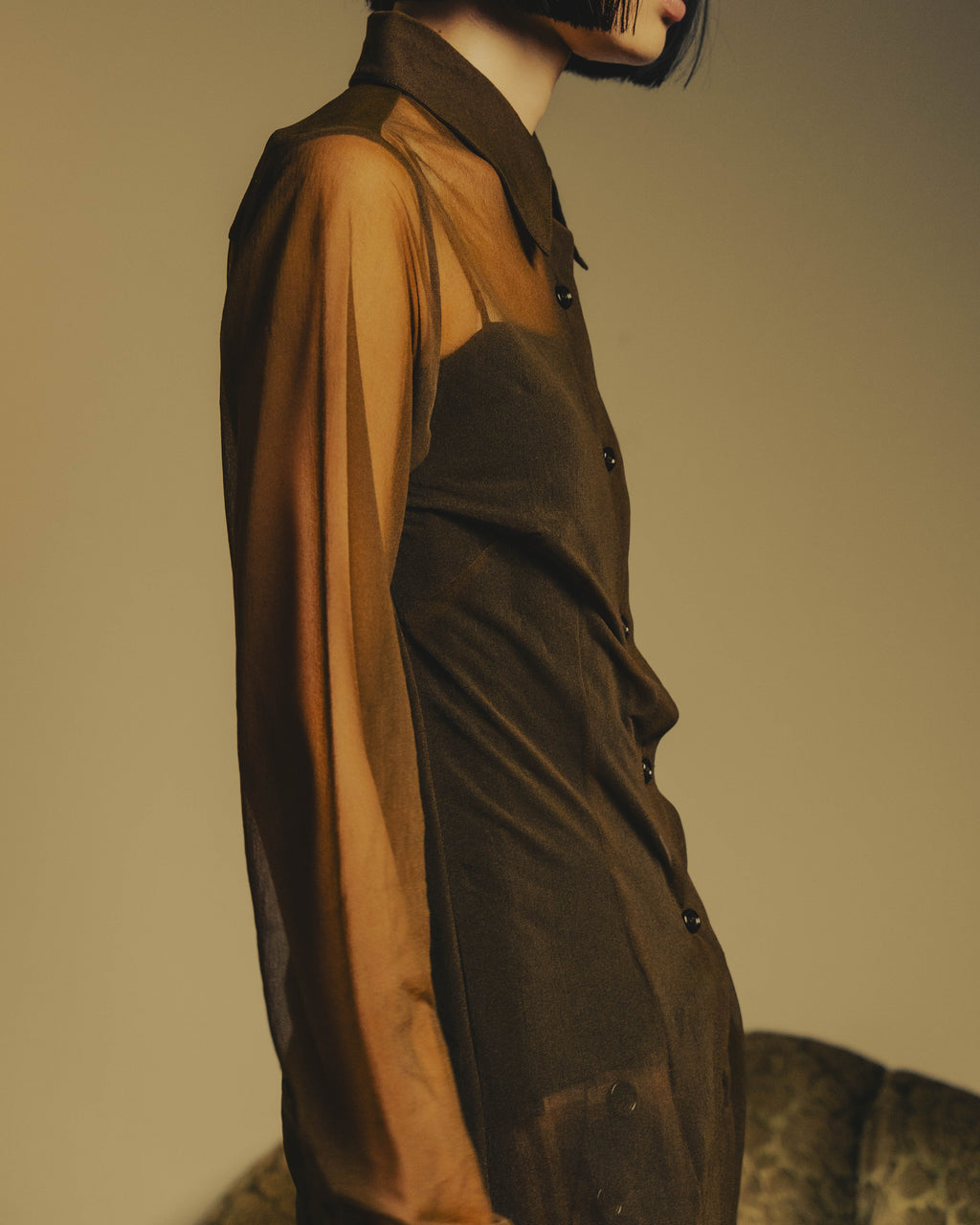-SPECIAL- “Dries Van Noten” 20’s Sheer brown tailored long sleeve shirt