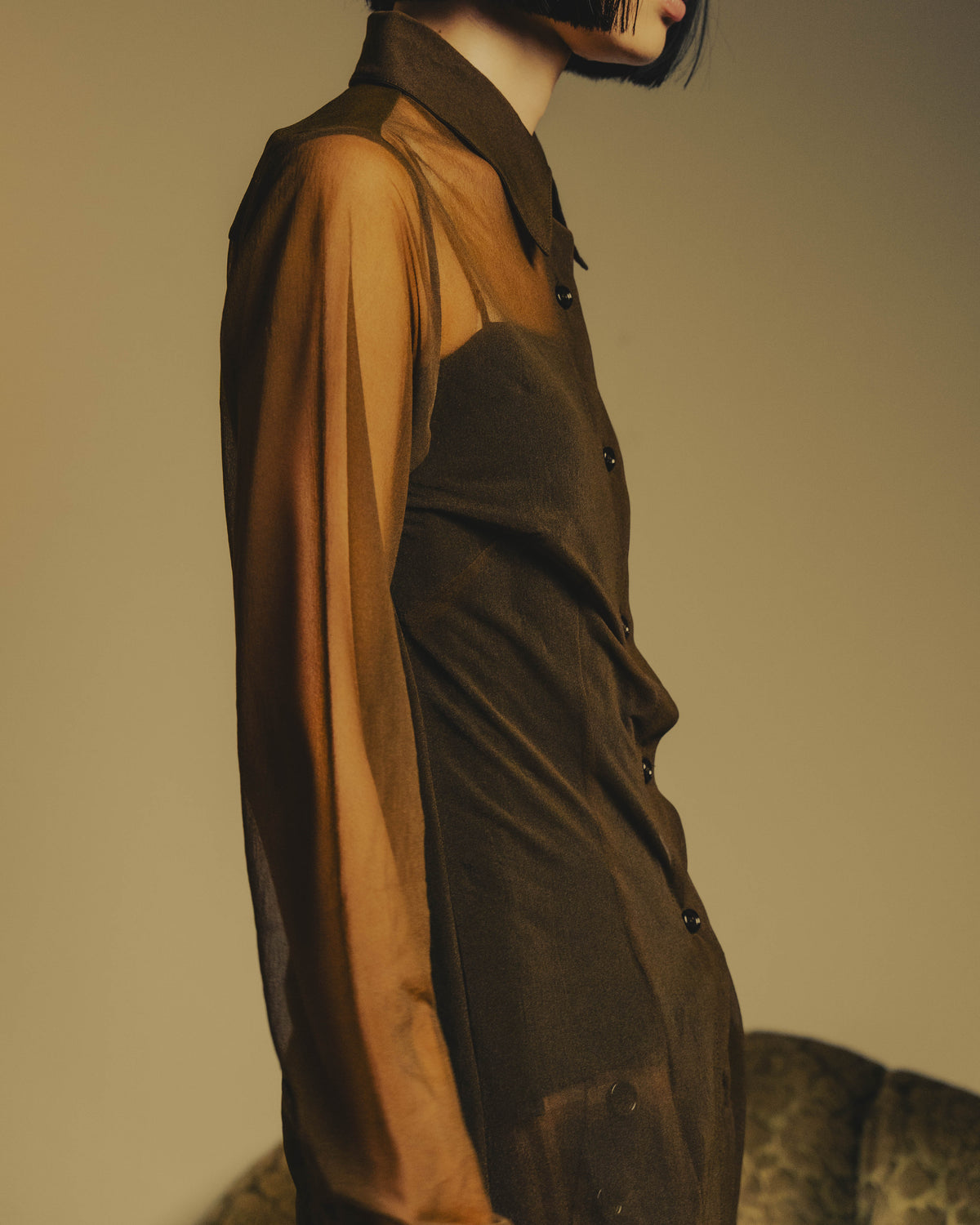 -SPECIAL- “Dries Van Noten” 20’s Sheer brown tailored long sleeve shirt