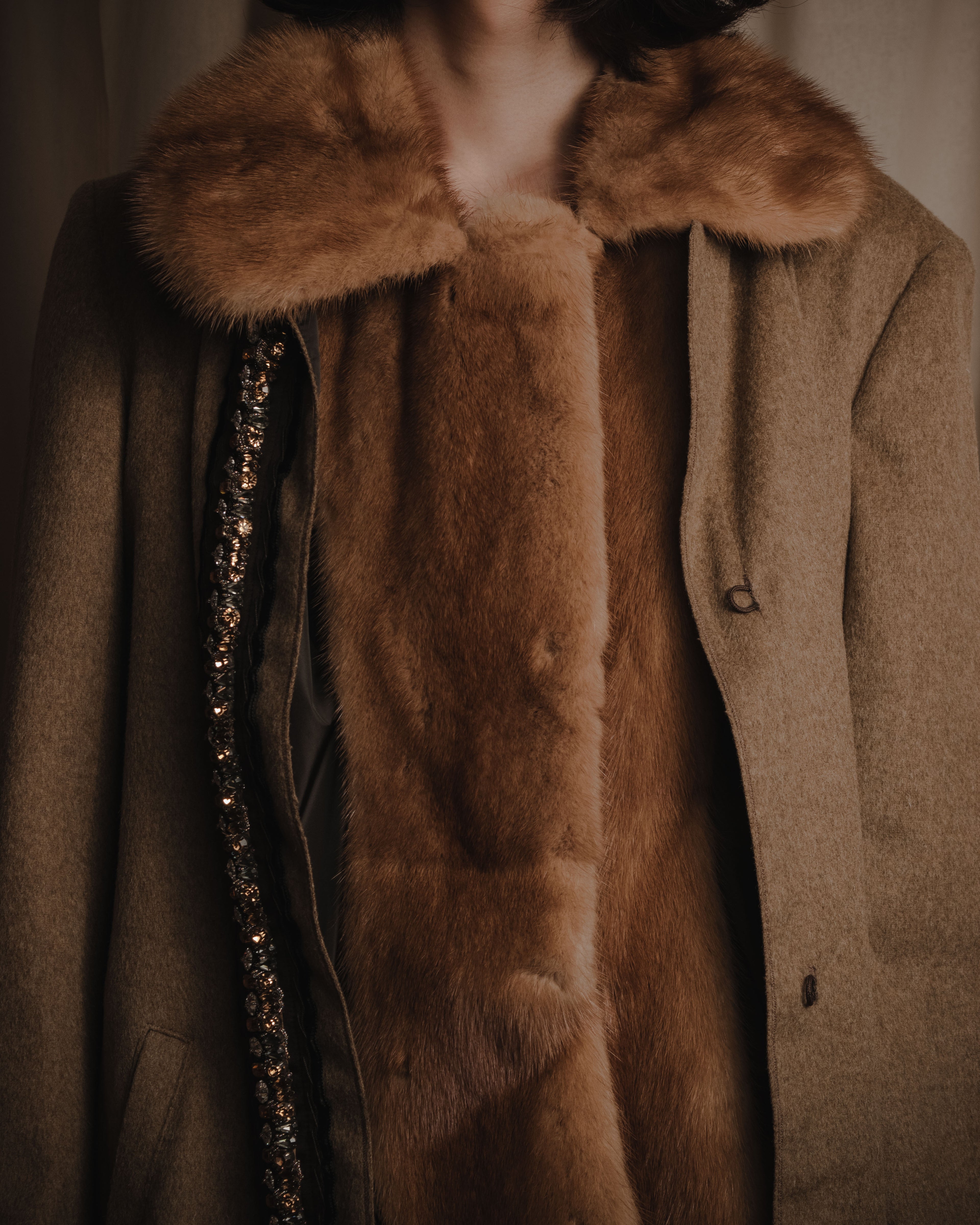 "PRADA" 90’s-00’s embellished fur-collar stretch tech coat
