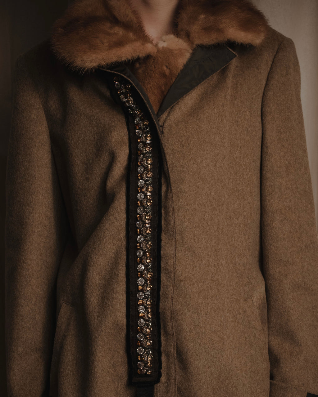 "PRADA" 90’s-00’s embellished fur-collar stretch tech coat