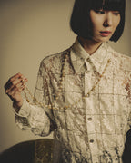 -SPECIAL- "CHANEL" 10's-20's Embellished floral lace and pearl check oversized shirt
