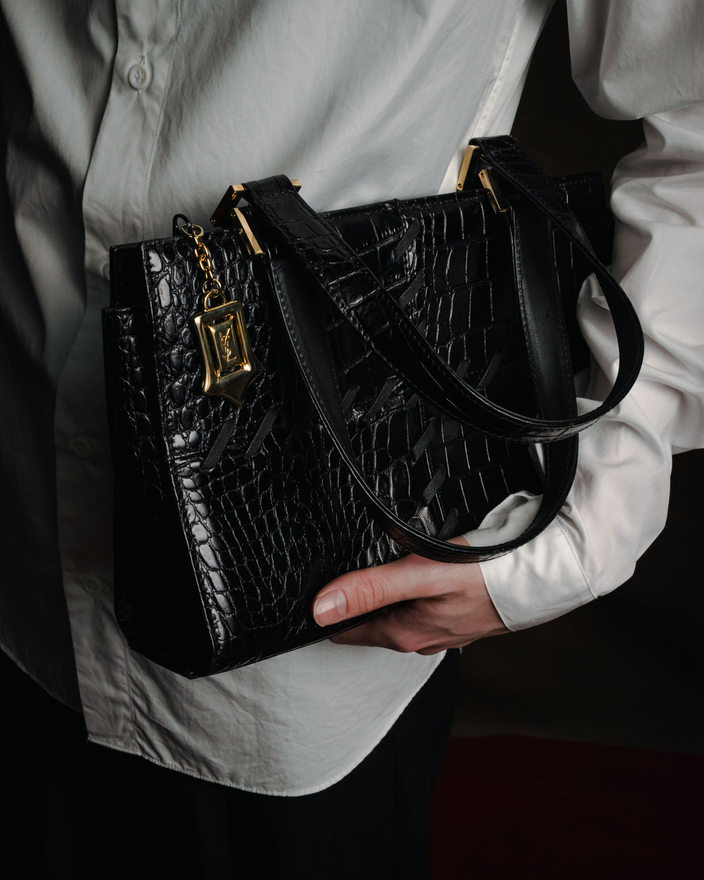 "YVES SAINT LAURENT" 90’s crocodile embossed lace up handbag