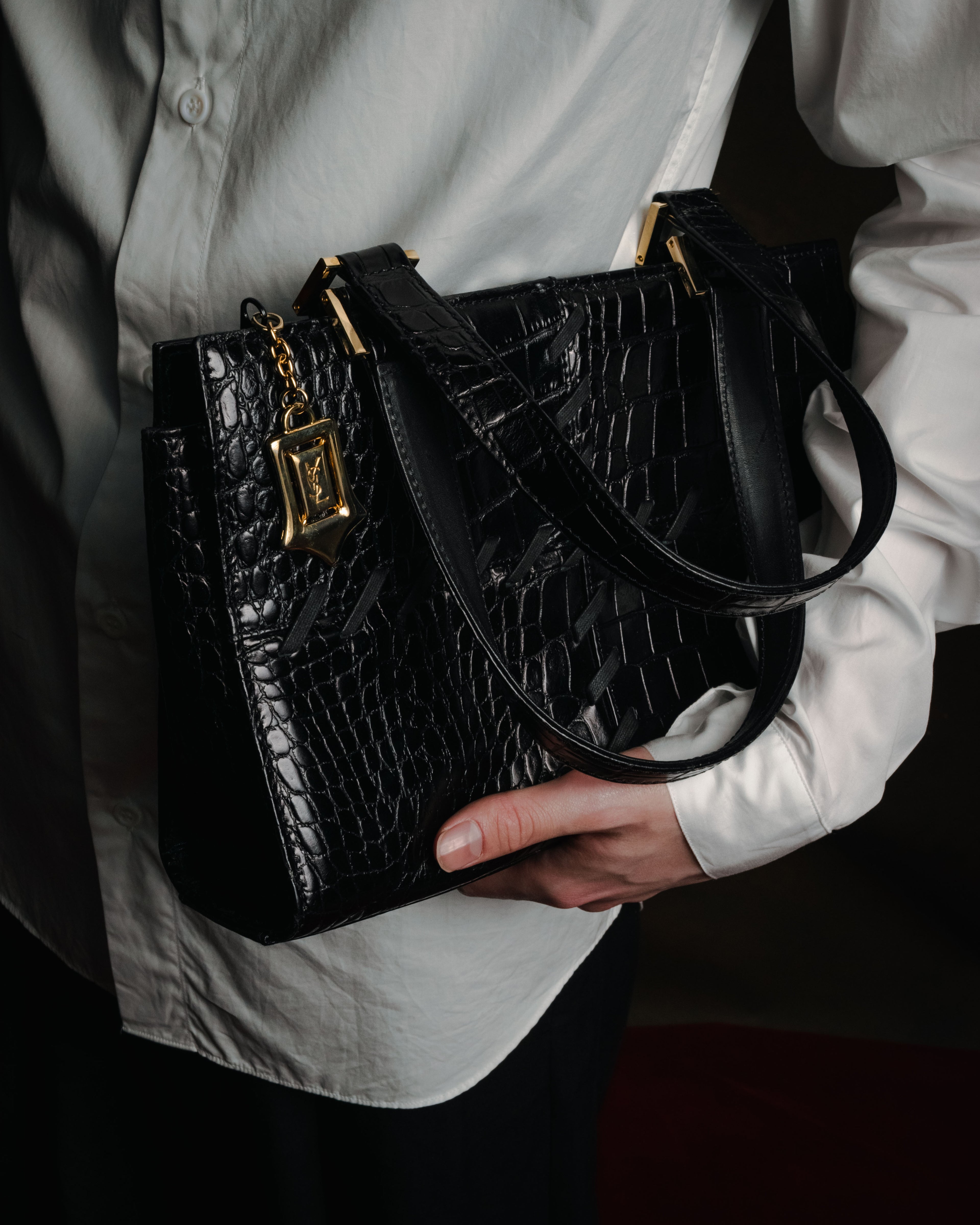 "YVES SAINT LAURENT" 90’s crocodile embossed lace up handbag