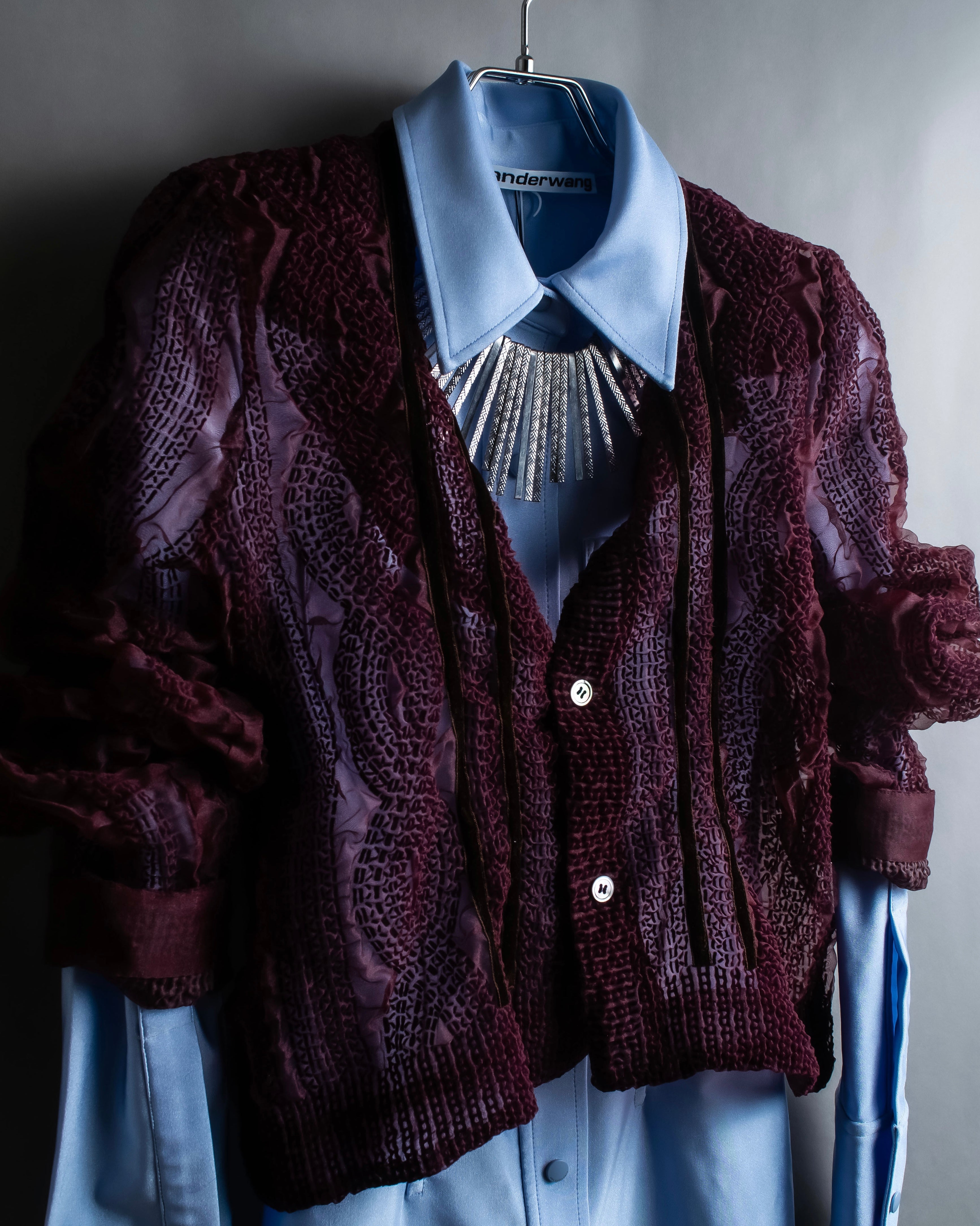 "robe de chambre COMME des GARCONS" Cable knit sheer shirt collar cardigan