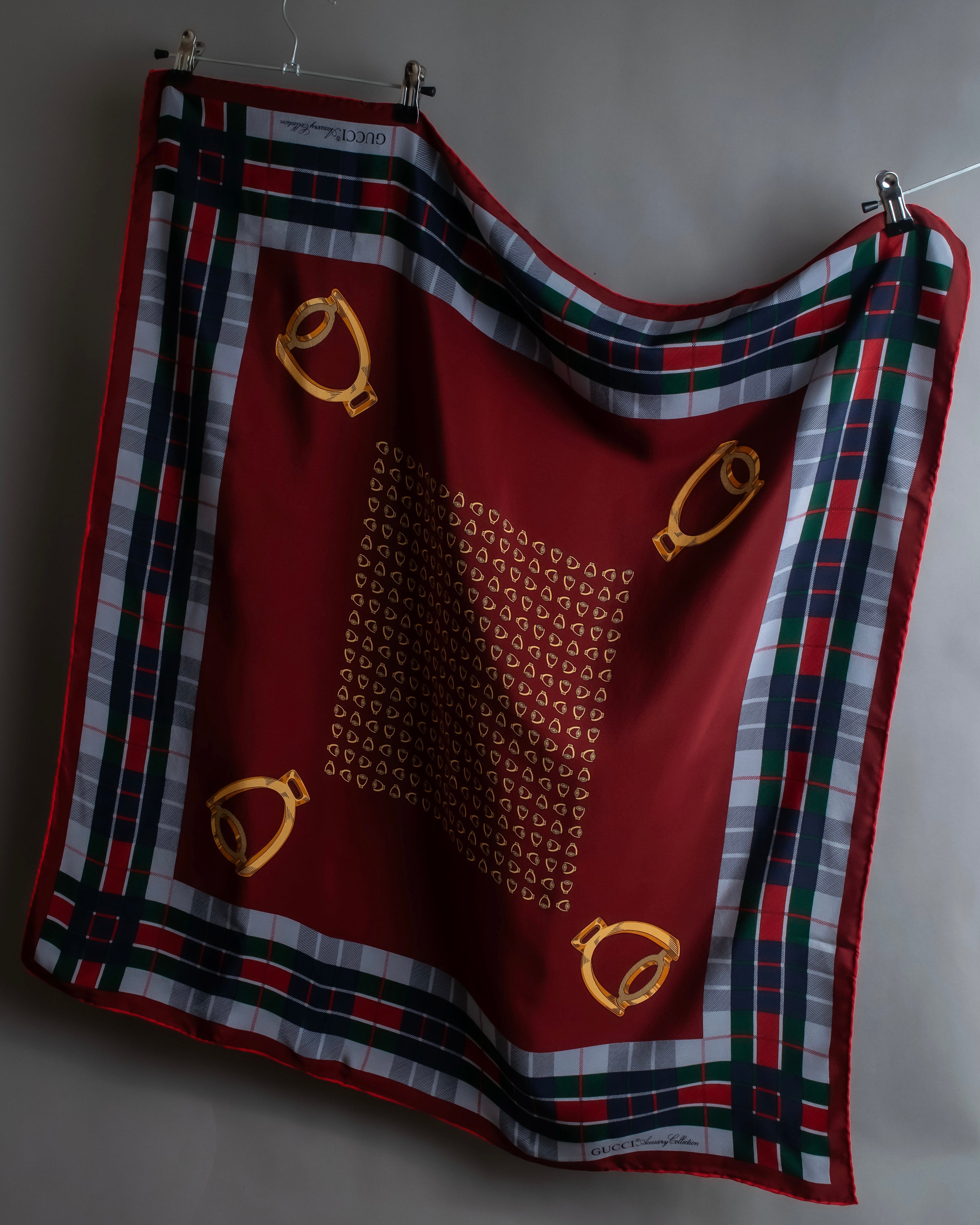"GUCCI" Saddlery motif tartan silk scarf
