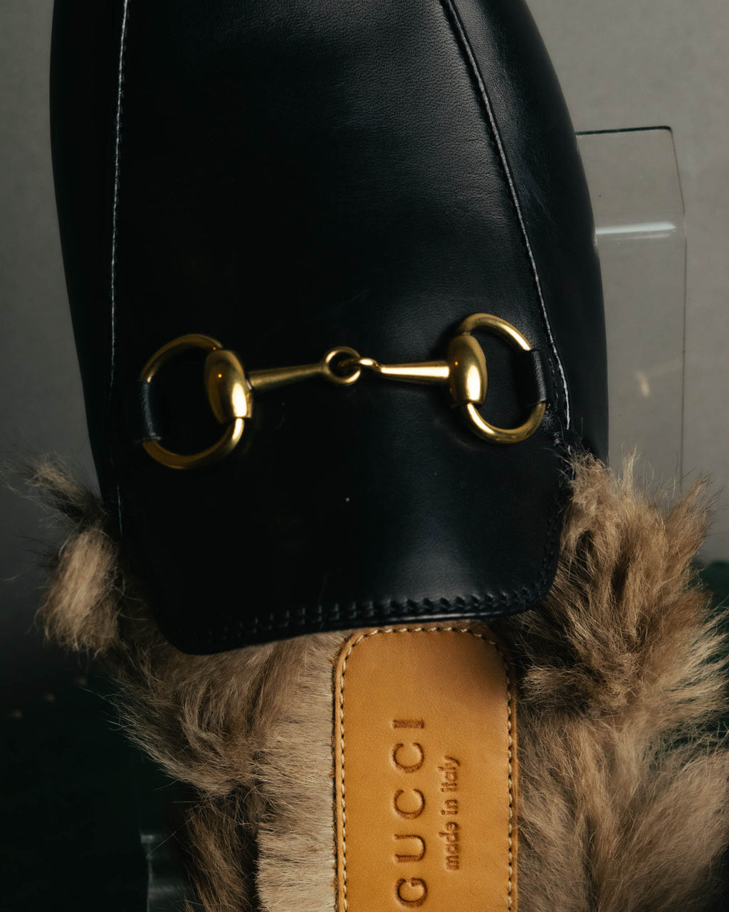 "GUCCI" Fur lined horsebit backless loafer