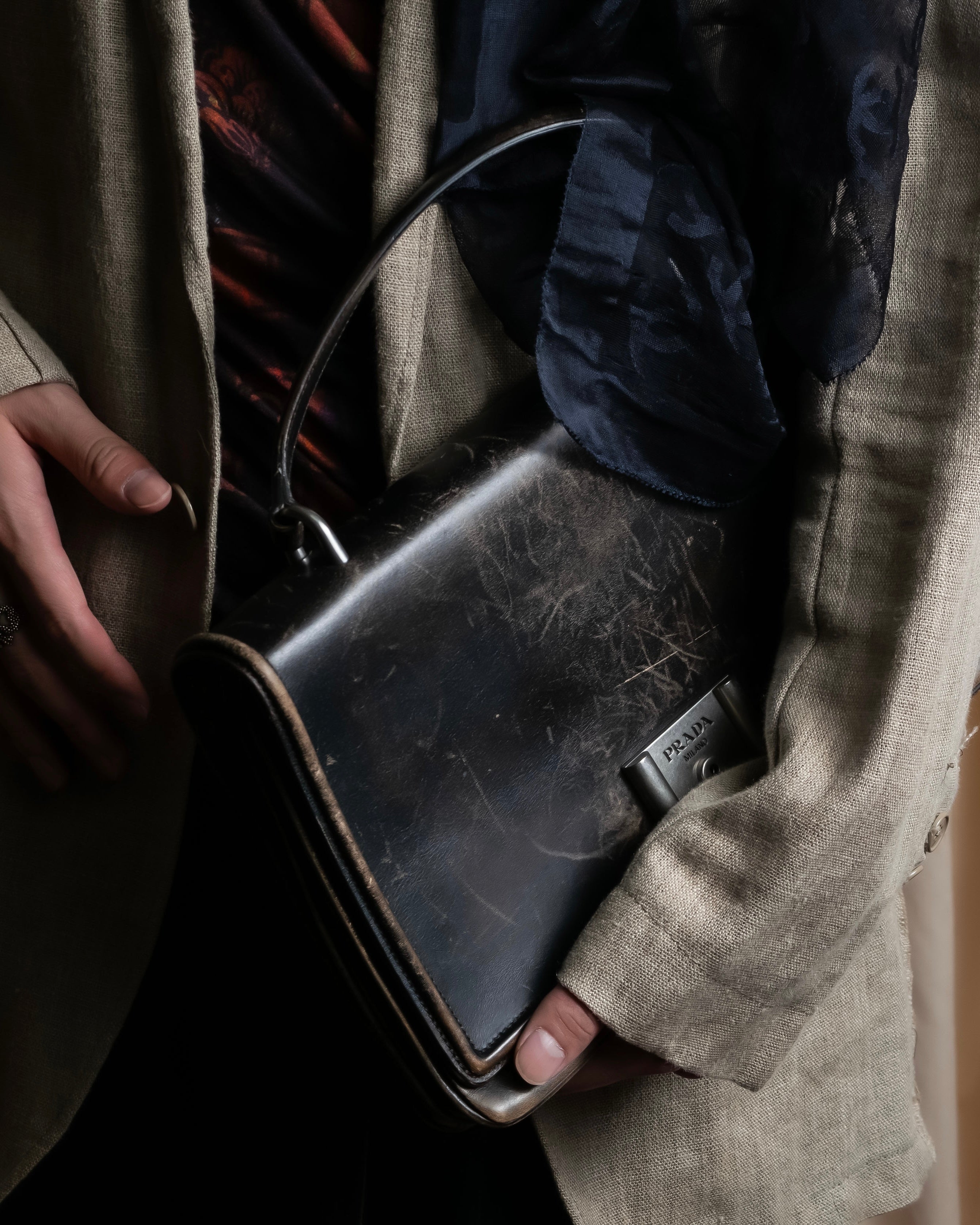 "PRADA" Aged metal parts design leather hand bag