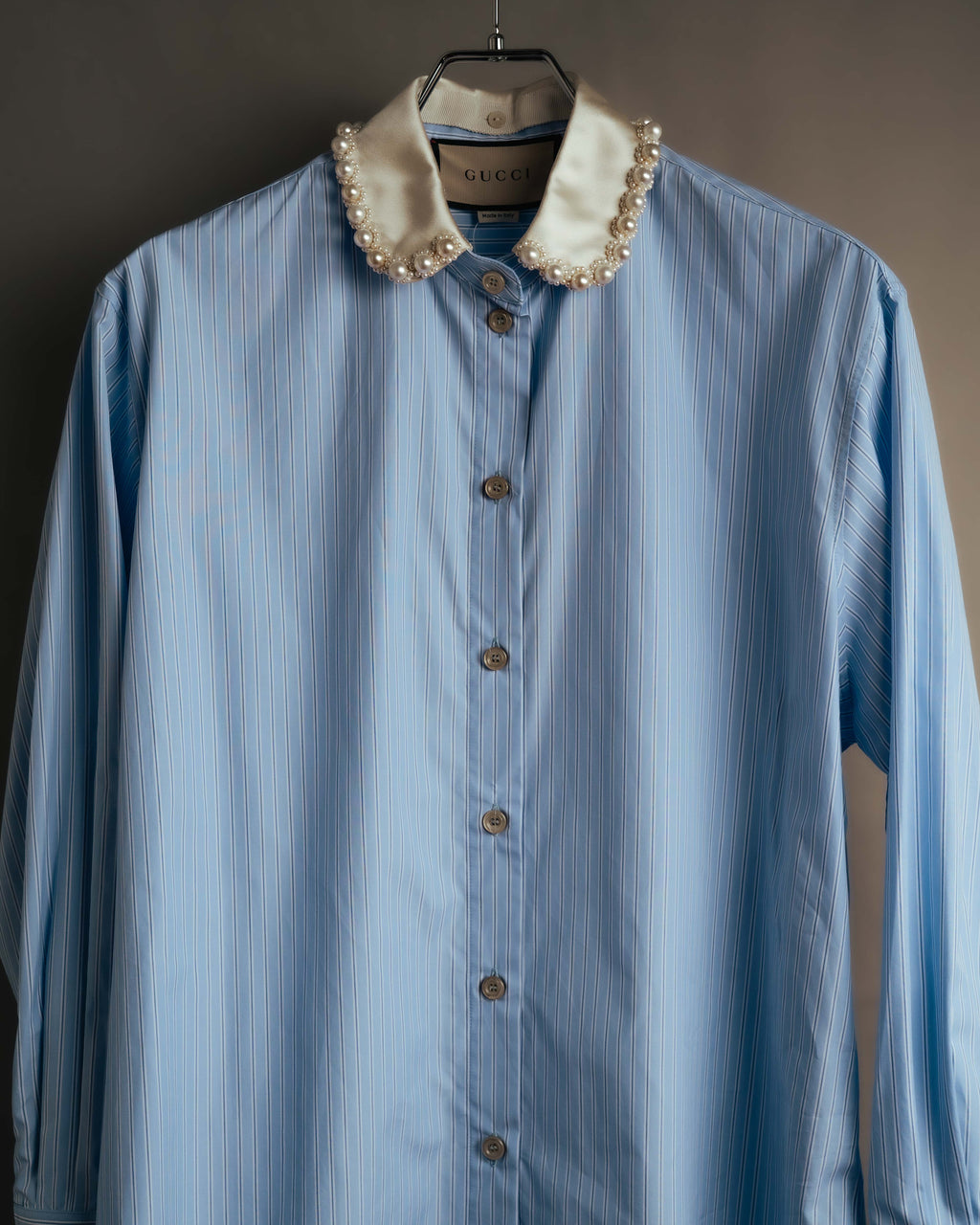 -SPECIAL- "GUCCI" 2010's-20's Pearl embellished detachable collar striped long shirt