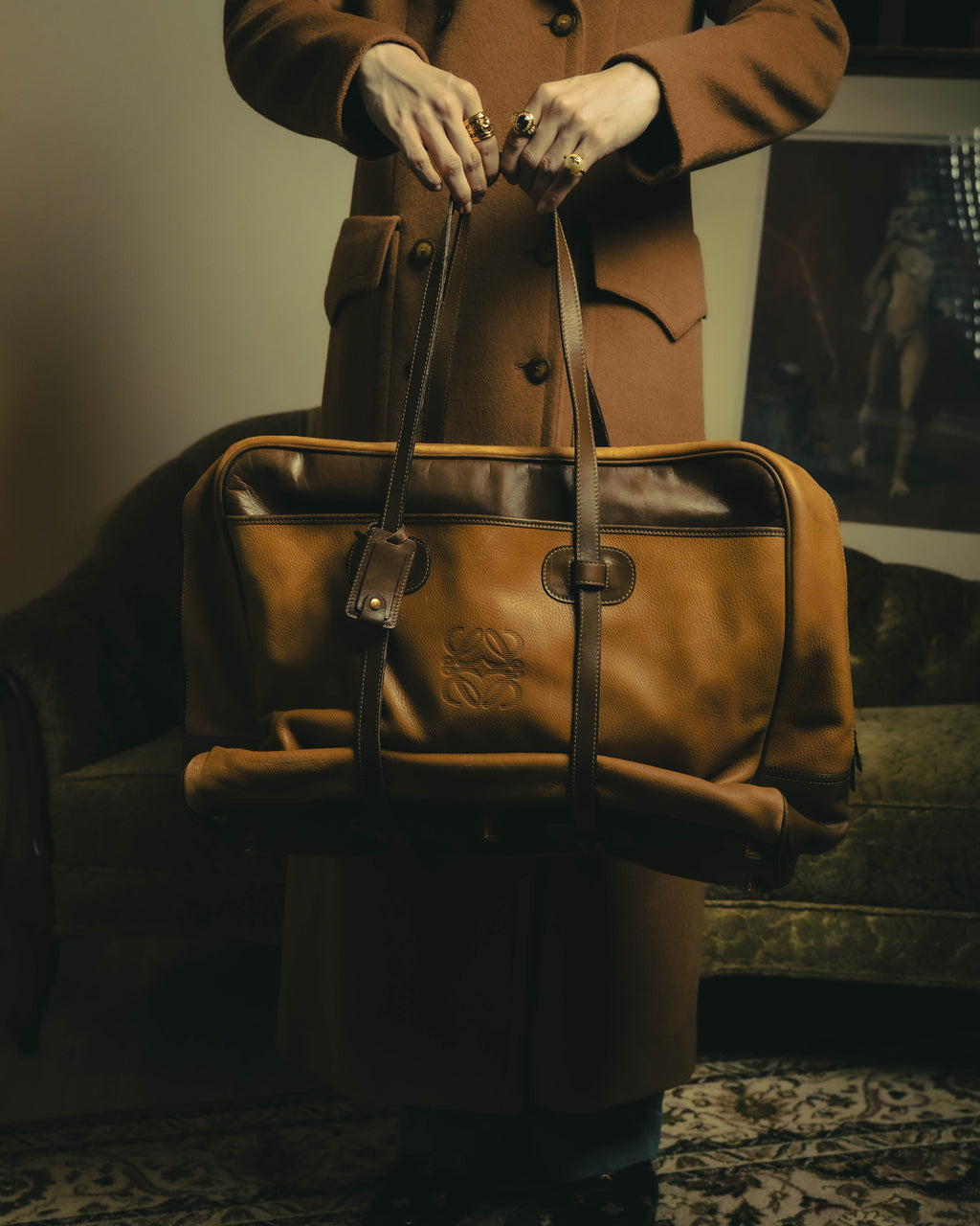 -SPECIAL- “LOEWE” 90’s Anagram embossed wide-opening leather boston bag