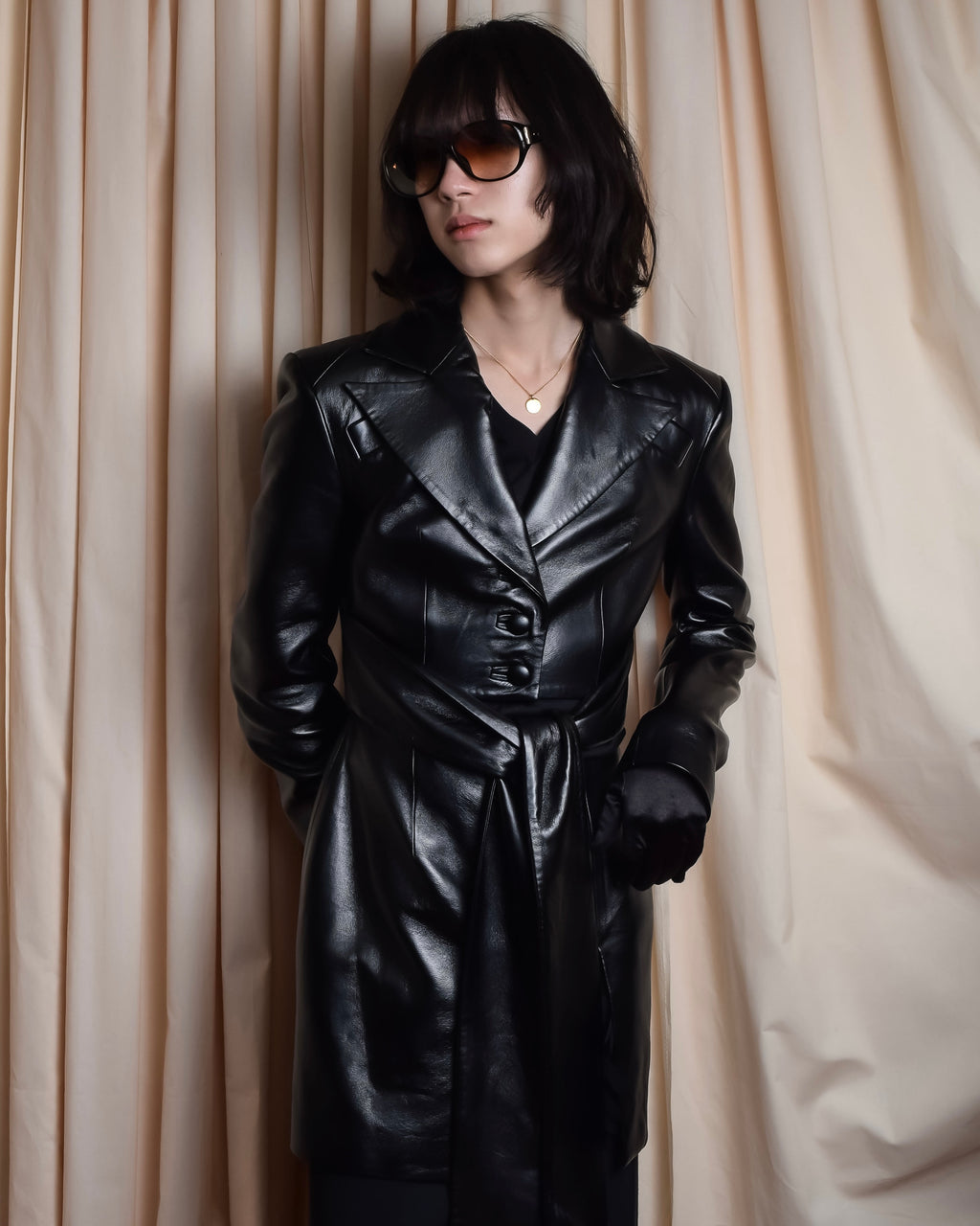 "MATÉRIEL TBILISI" Draped belted synthetic leather long jacket