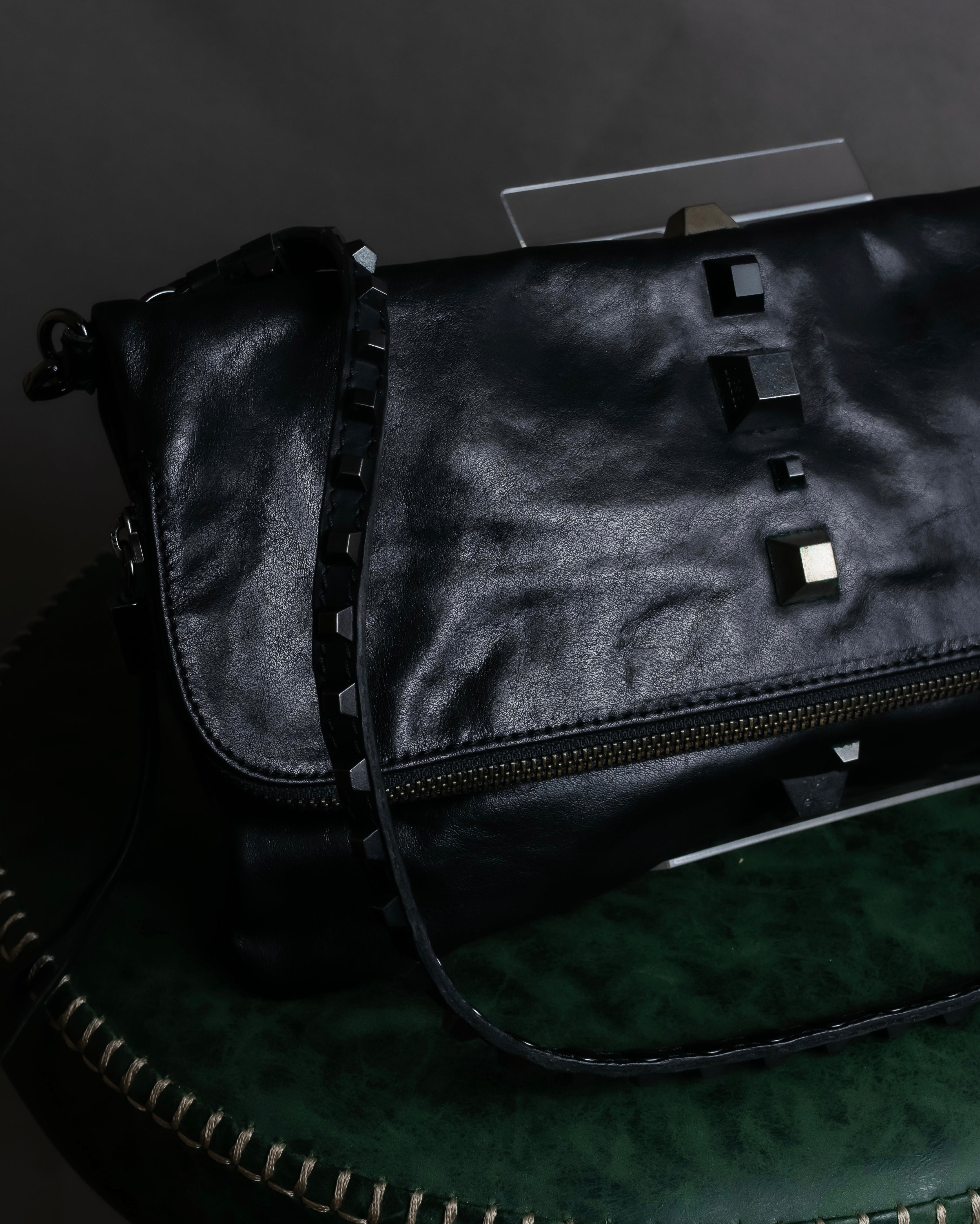 "DIESEL" Silver stud design leather one shoulder bag