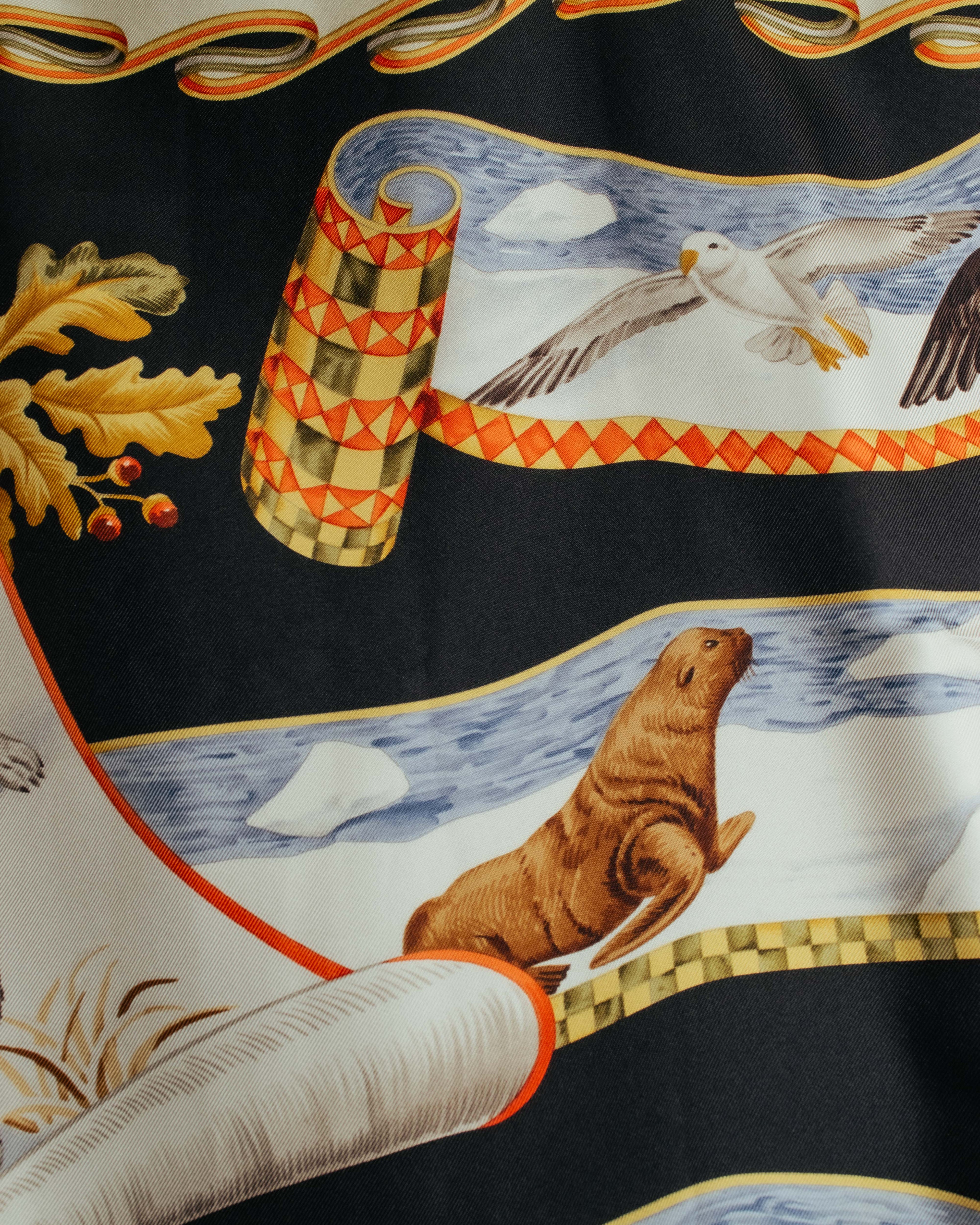 "Salvatore Ferragamo" 90's-00's Vintage arctic fauna and scrolling ribbon silk scarf