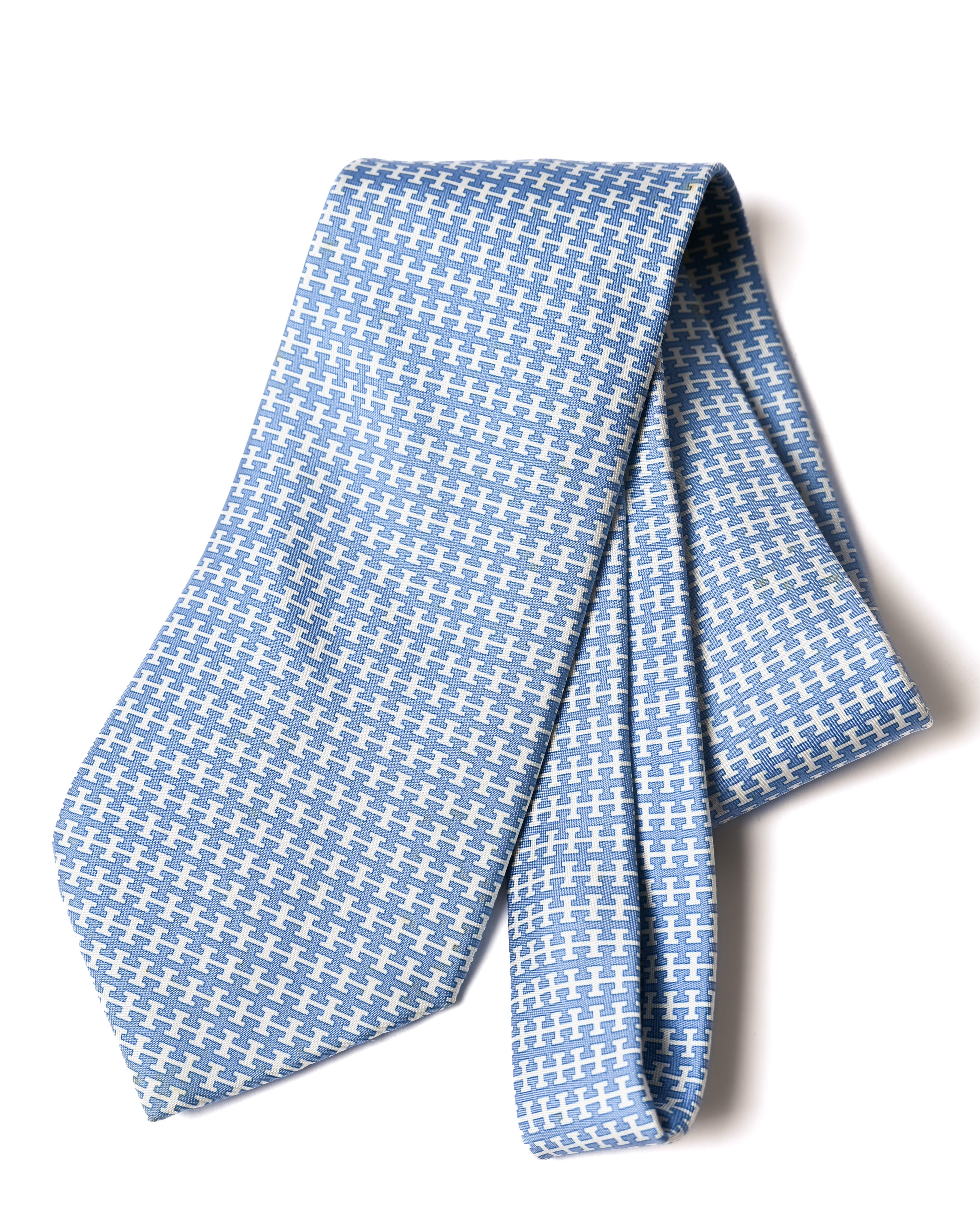 HERMES/ H Logo Silk Tie Sky Blue × Whigte