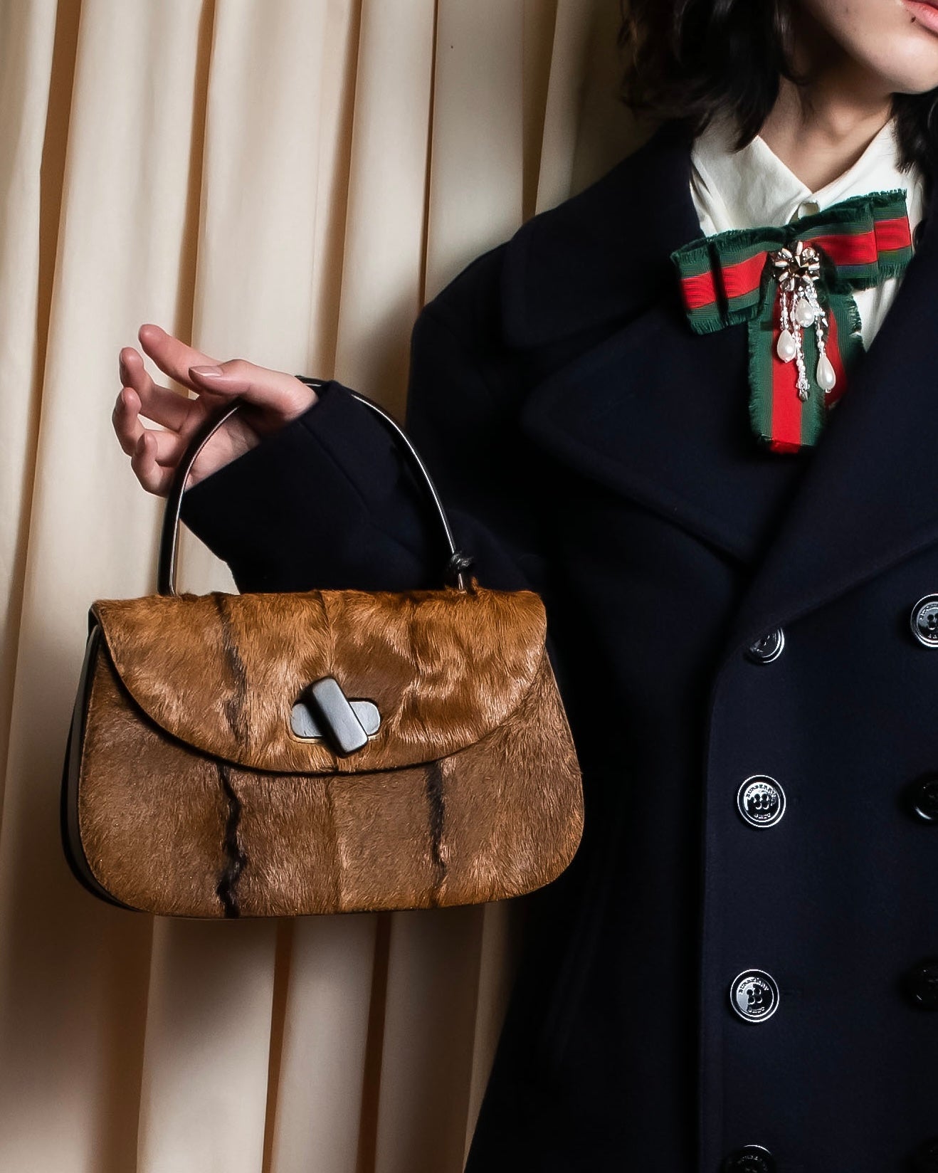 "GUCCI"「1947」 pony leather combination bamboo hand bag