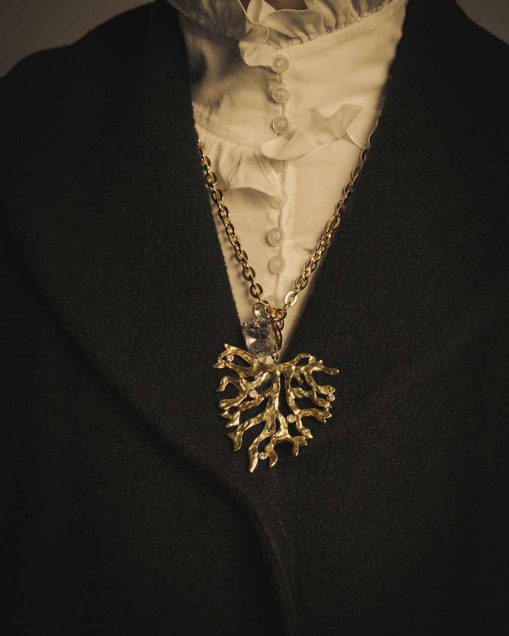 -SPECIAL- "Yves Saint Laurent" 90's-00's Sculptural coral motif crystal pendant necklace