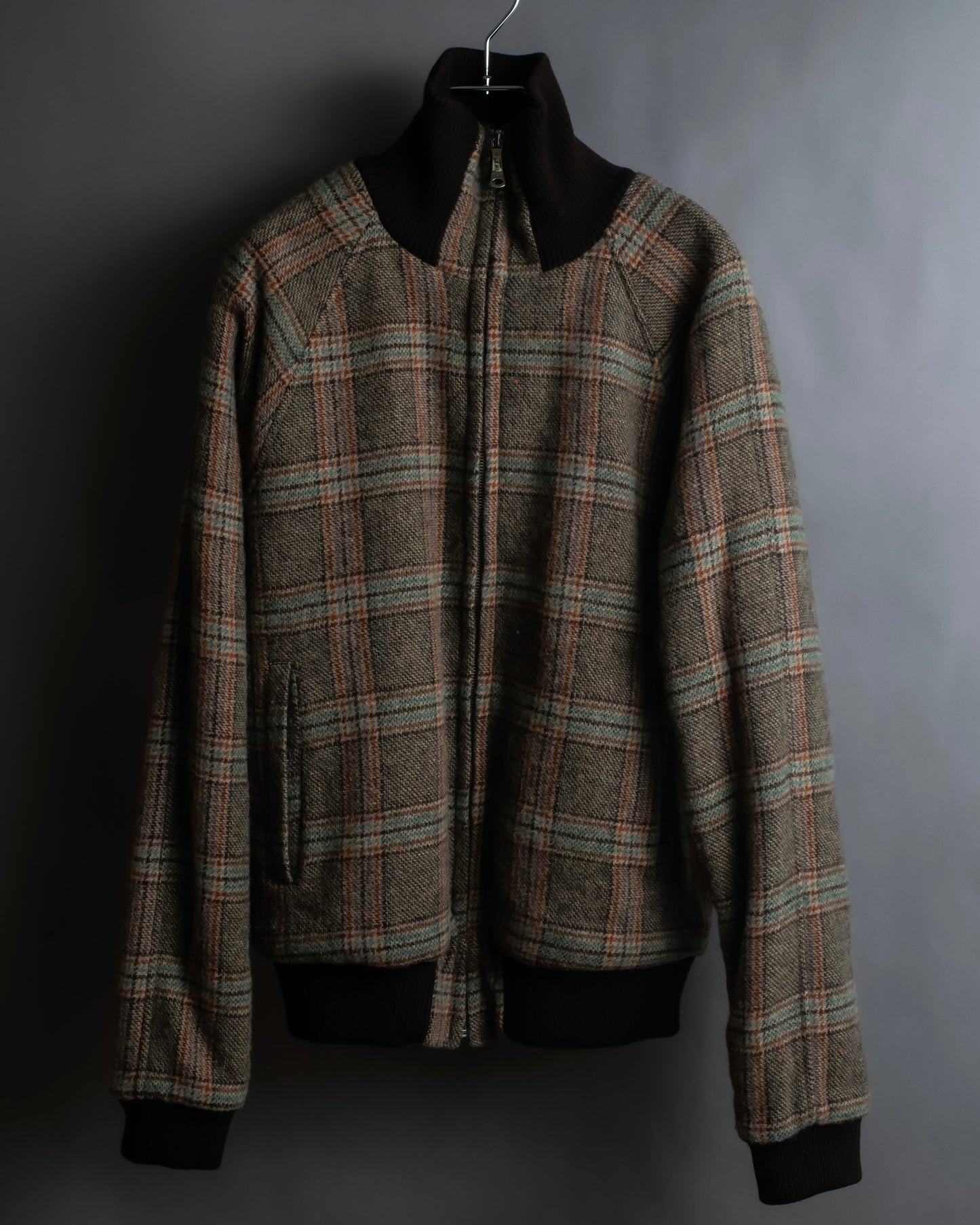 "ETRO" Multi-check pattern high neck ribbed knit blouson