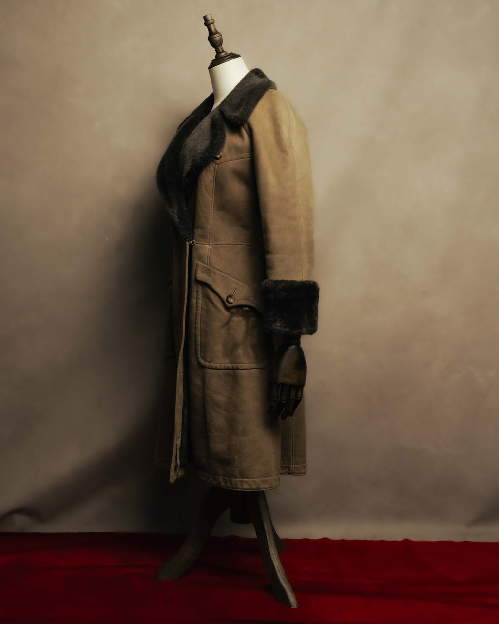 “LOEWE” 70’s-early 90’s Suede shearling belted long coat