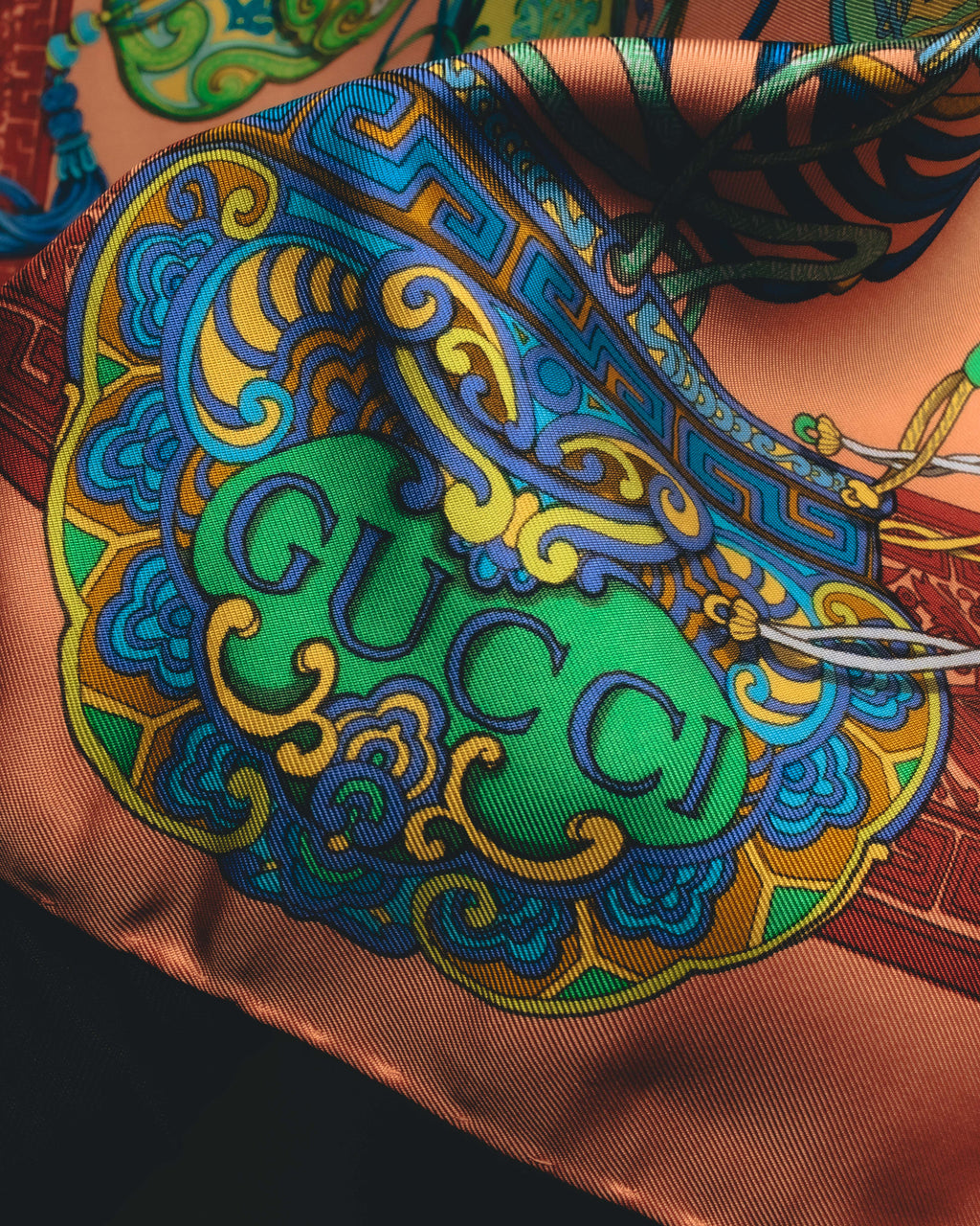 "GUCCI" Late 70's-early 90's oriental motif silk scarf
