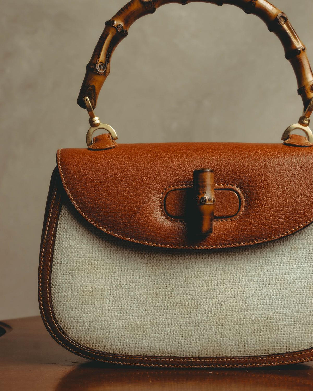 -SPECIAL- “GUCCI” 90’s-00’s Bamboo handle canvas panel top handle bag