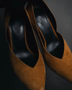 "HERMES" 00’s-10’s Suede V-cut  sculptural wood heel pumps