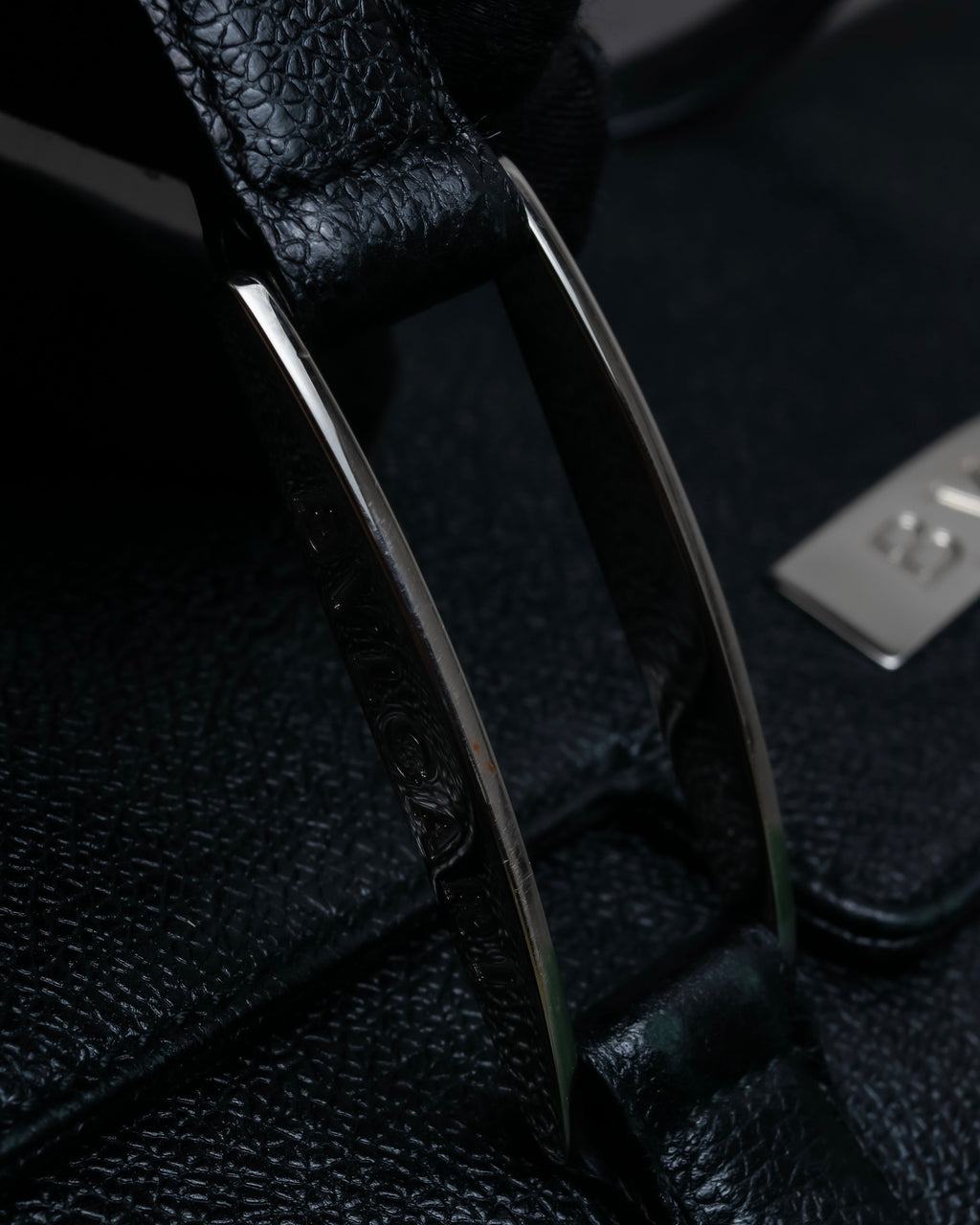 "BVLGARI" Horizontal form engraved logo leather bag