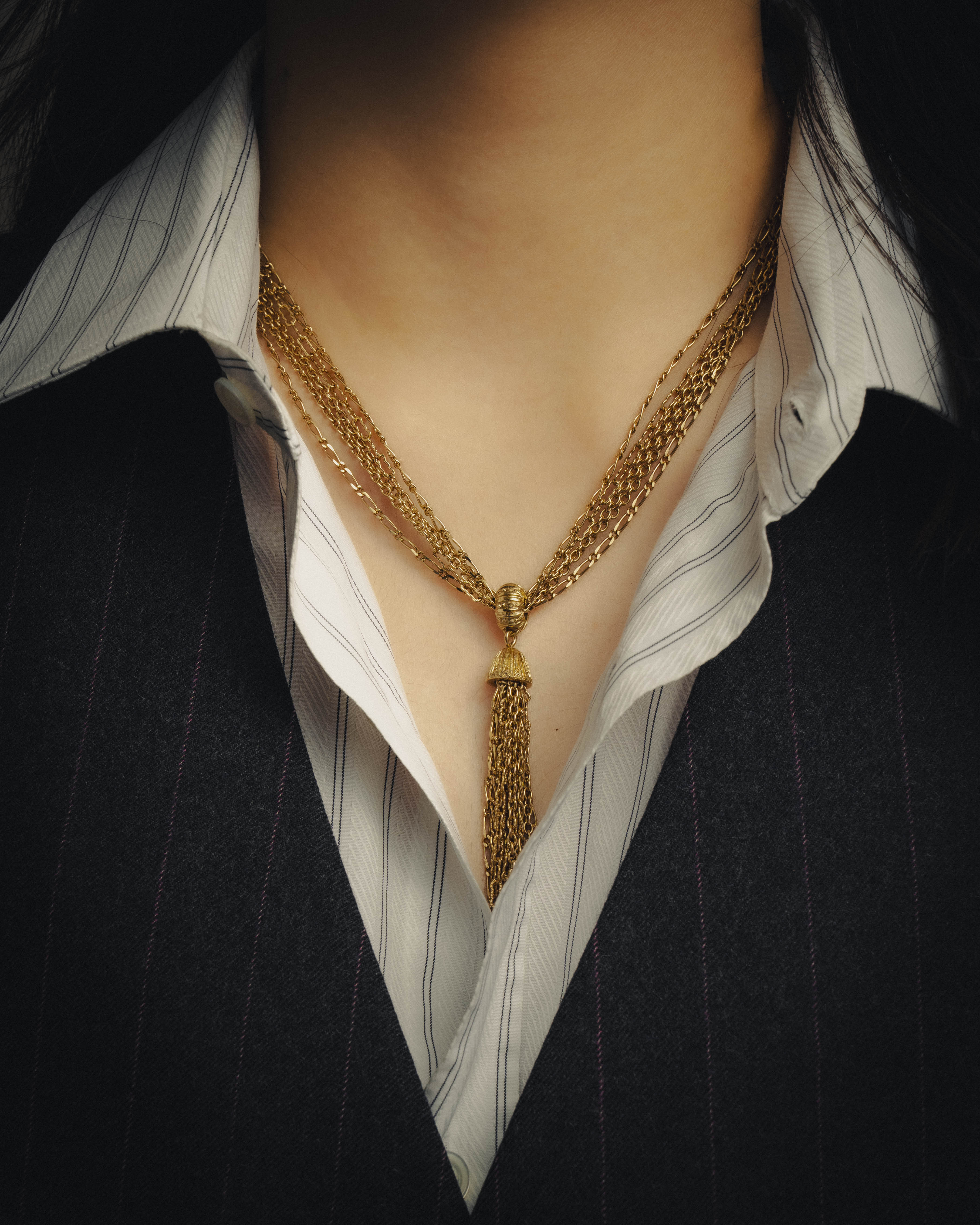 -SPECIAL- "Christian Dior" 80's-90's Multi-strand chain tassel gold necklace