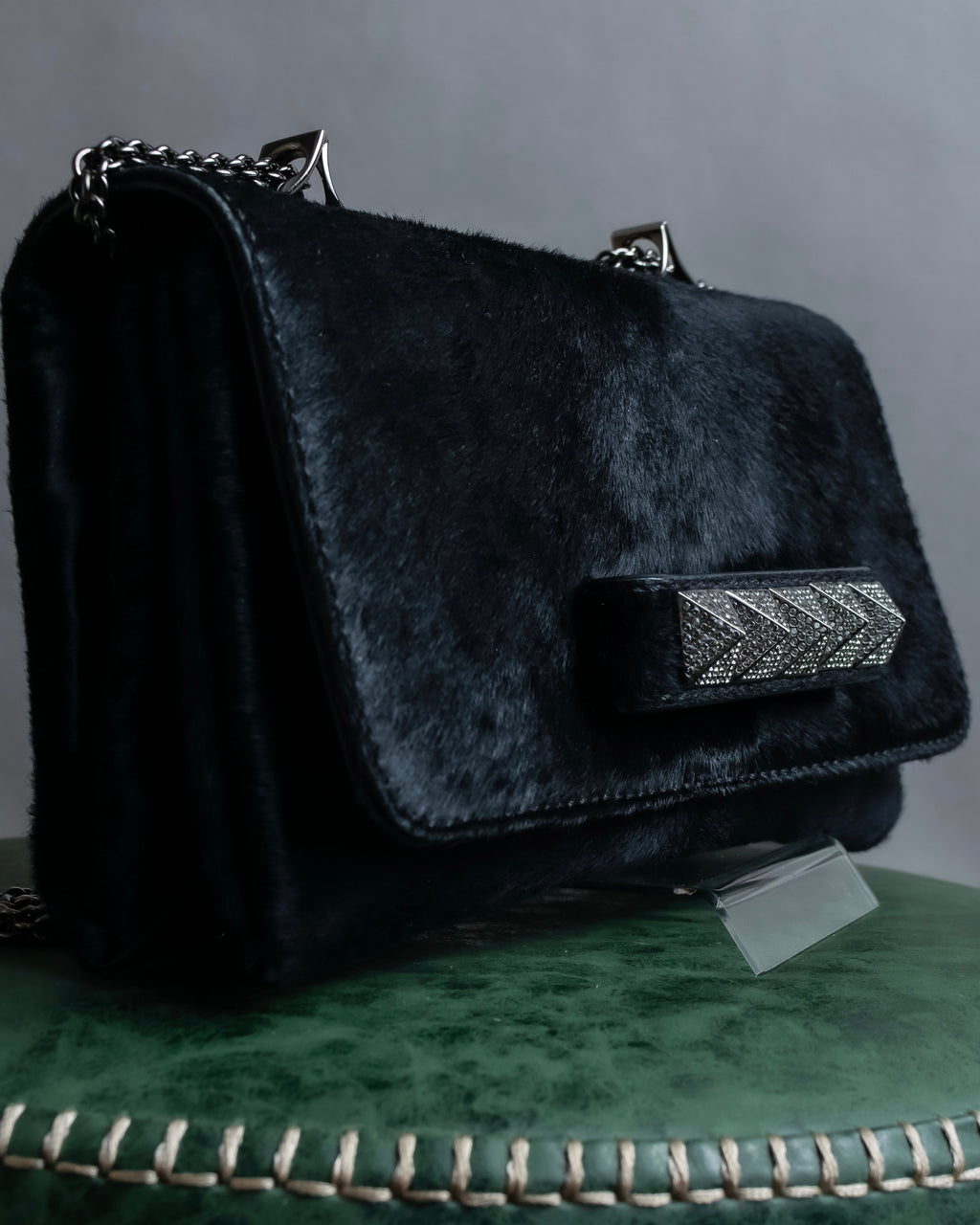 "VALENTINO" Gunmetal design black pony leather shoulder bag