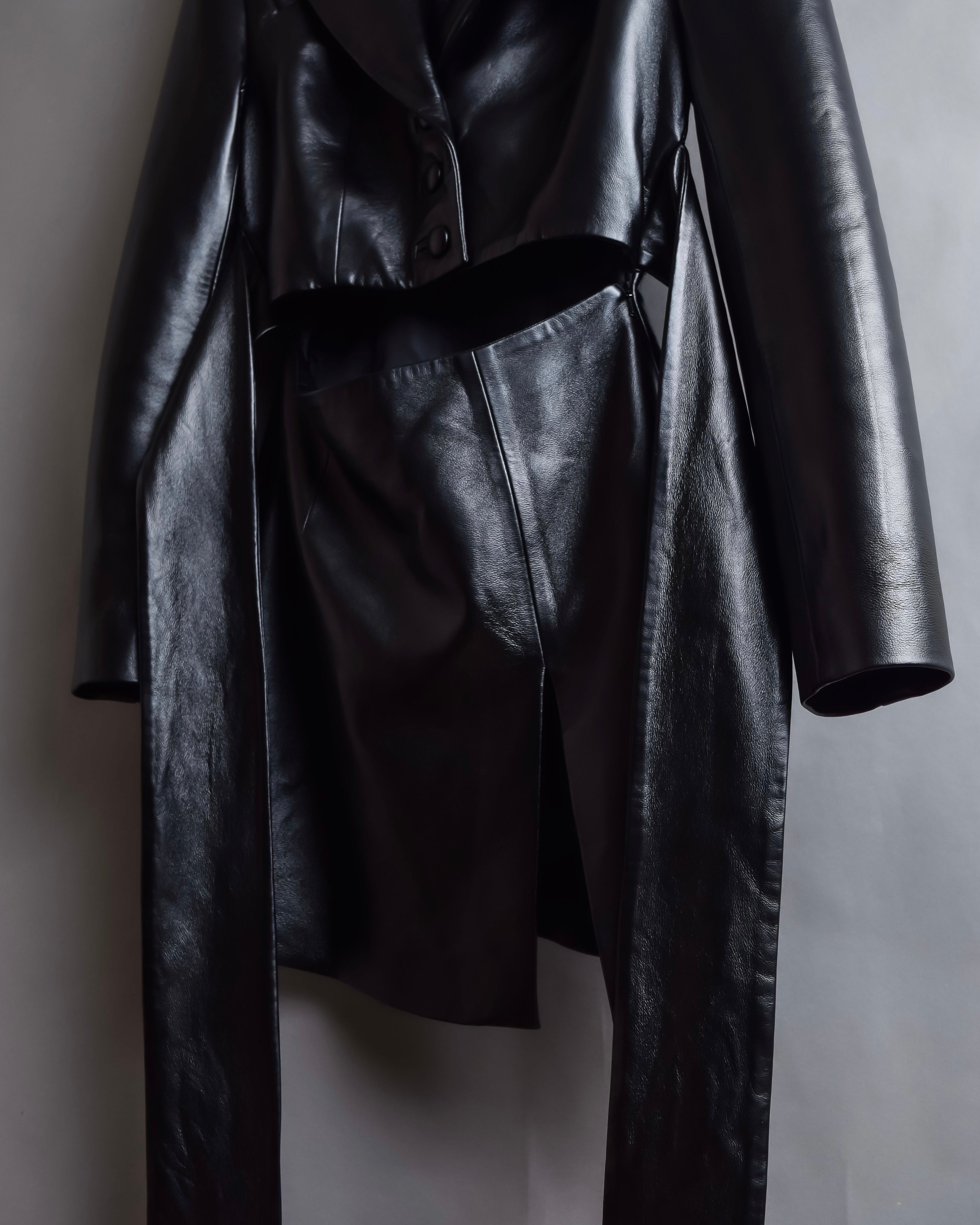"MATÉRIEL TBILISI" Draped belted synthetic leather long jacket