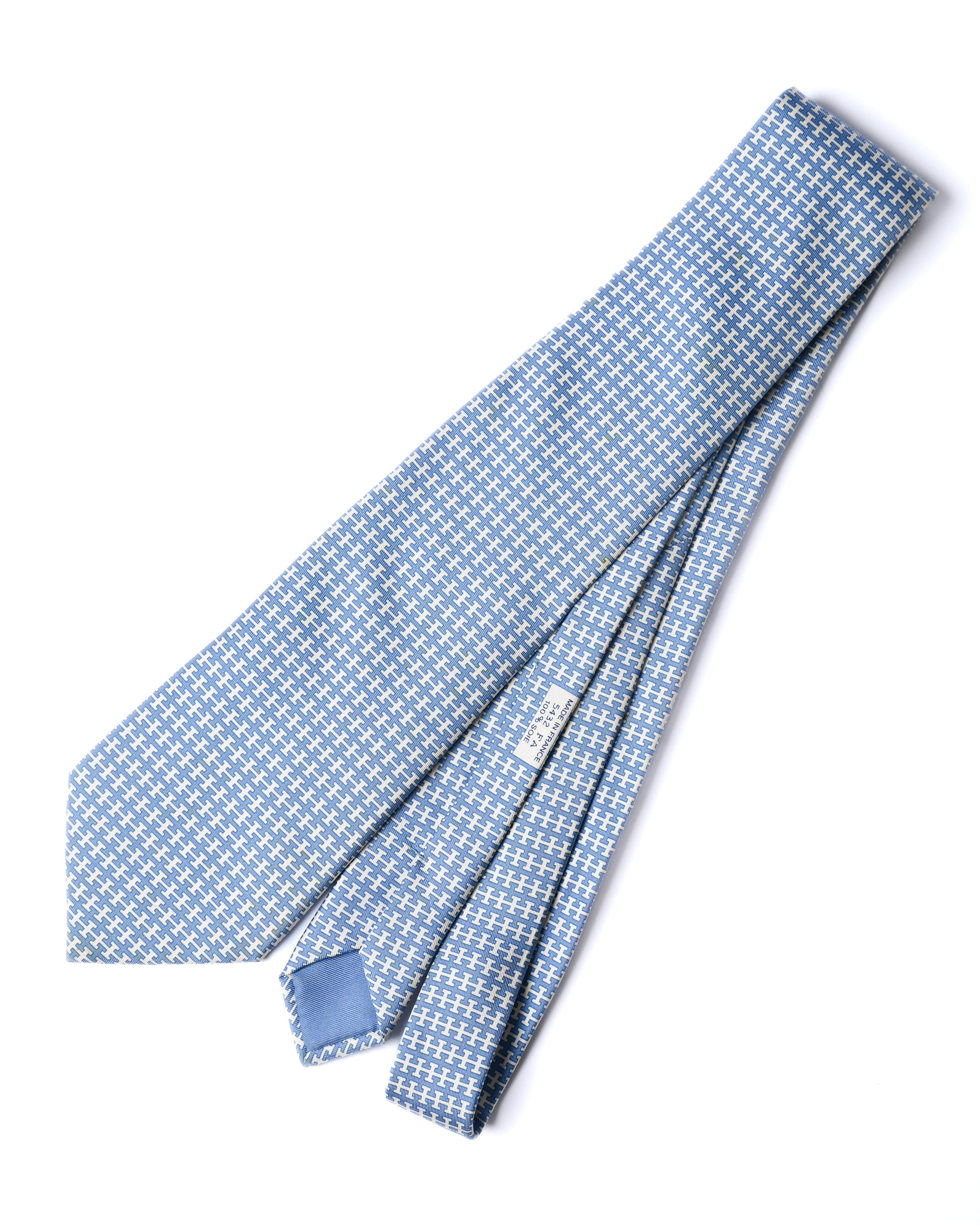 HERMES/ H Logo Silk Tie Sky Blue × Whigte