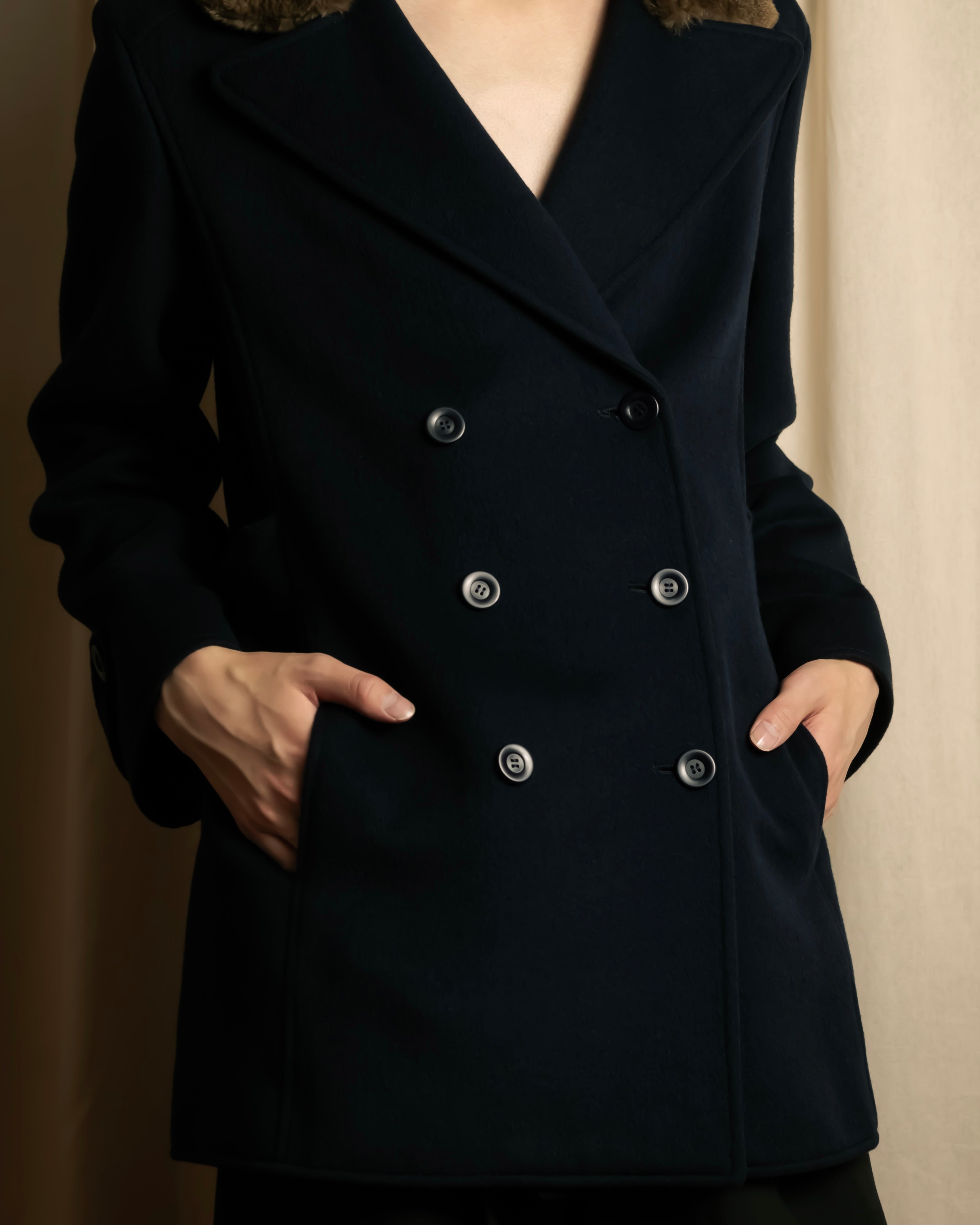 "VALENTINO" Fur collar double-breasted wool coat