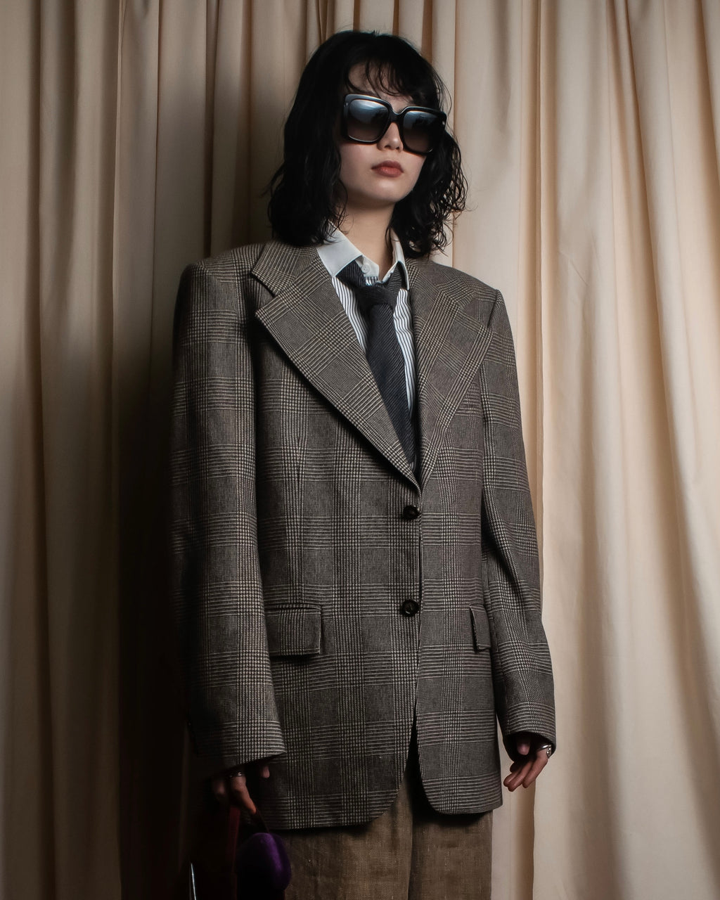 "YVES SAINT LAURENT" Glen plaid oversized wool tailored jacket