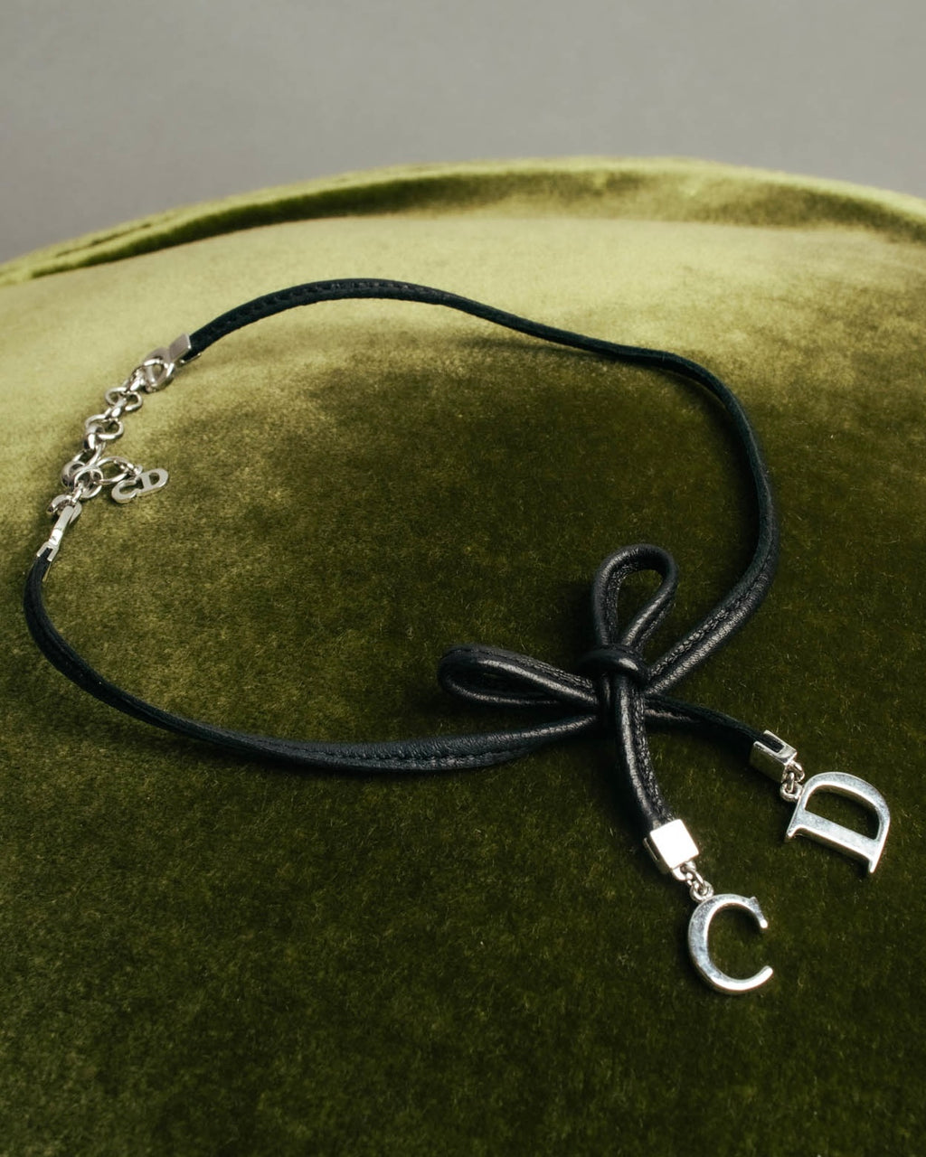 "Christian Dior" Ribbon charm leather cord choker necklace